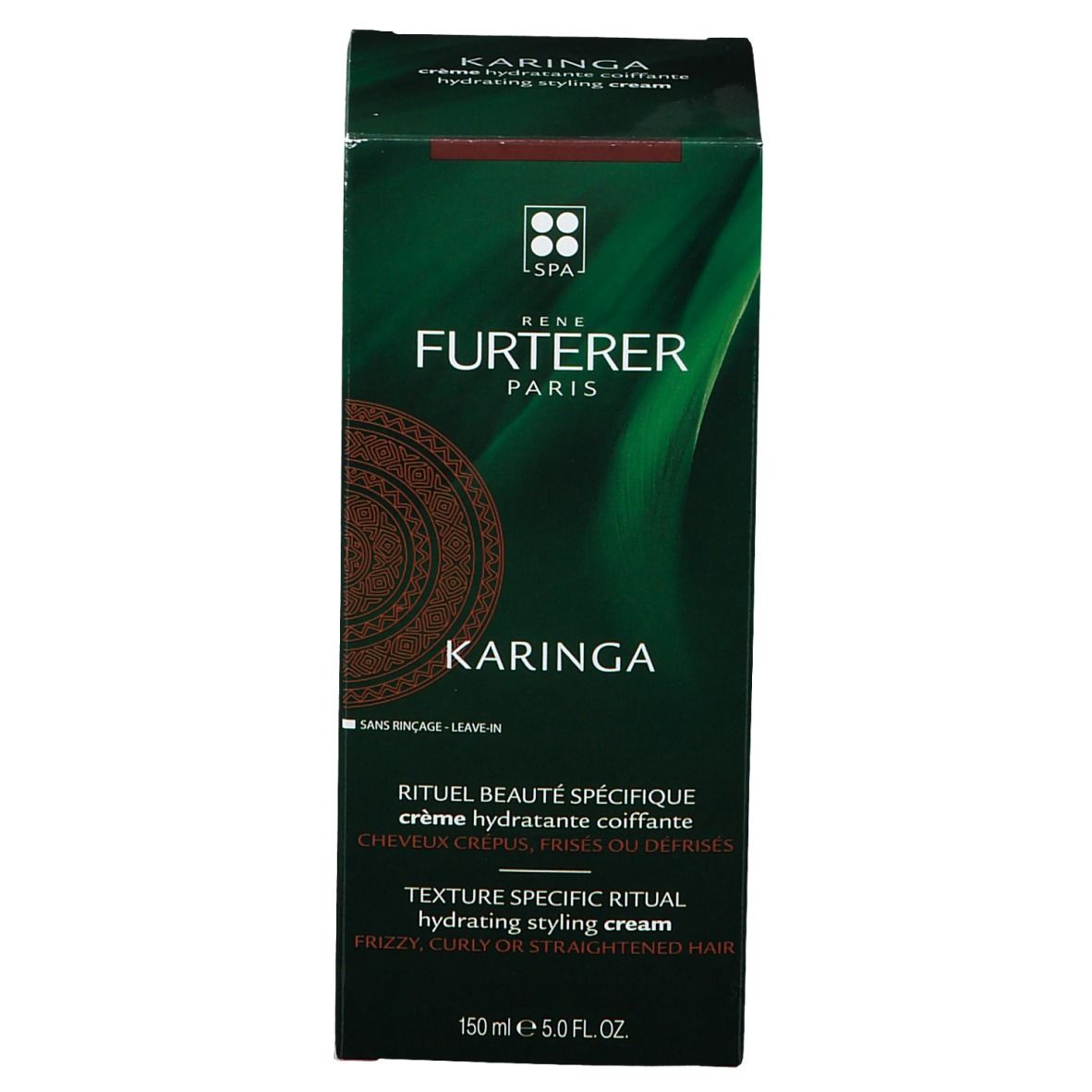 Grüne Verpackung. Aufschrift: René Furterer Paris, Karinga, hydratisierende Stylingcreme, 150 ml.