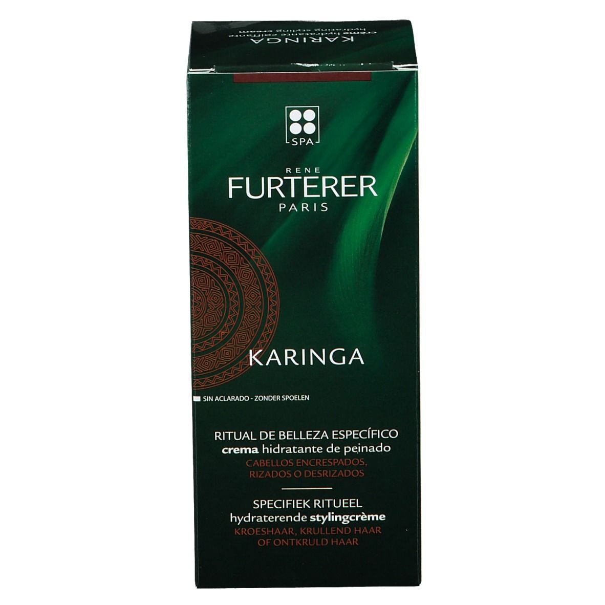 Grüne Verpackung. Aufschrift: René Furterer Paris, Karinga, hydratisierende Stylingcreme.