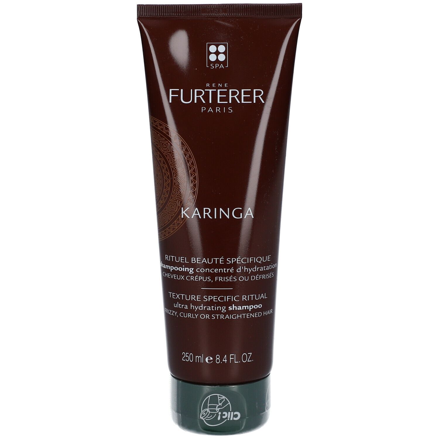 Braune Tube mit grünem Deckel. Aufschrift: Rene Furterer Paris, KARINGA. Text: Rituel Beaute Specifique, 250 ml.