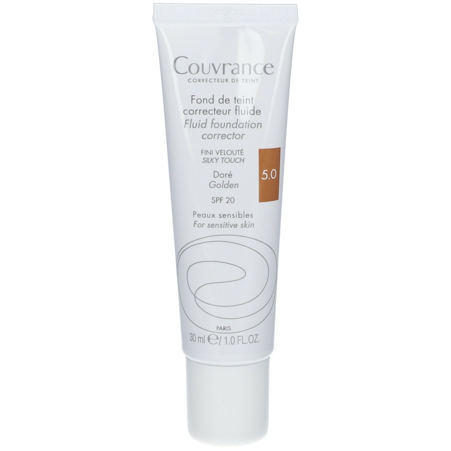Tube de fond de teint fluide Couvrance, teinte 5.0, SPF 20. Pour peaux sensibles.
