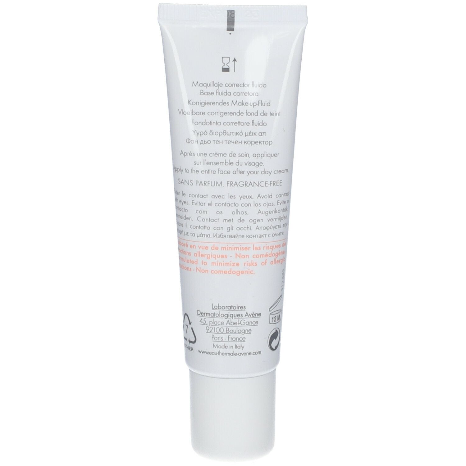 Dos du tube avec informations produit. Texte multilingue. Sans parfum.