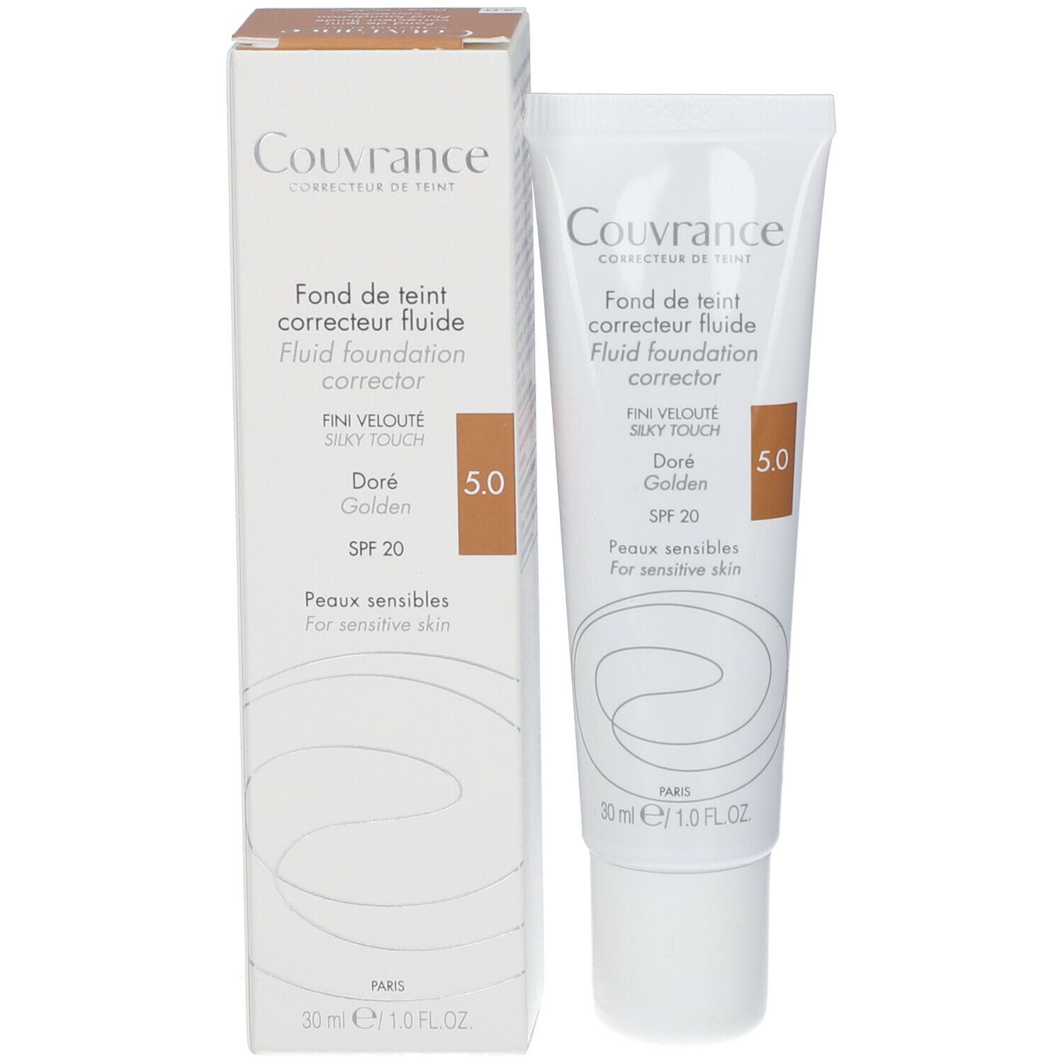 Emballage produit avec tube et boîte. Inscription Couvrance, teinte 5.0, SPF 20.