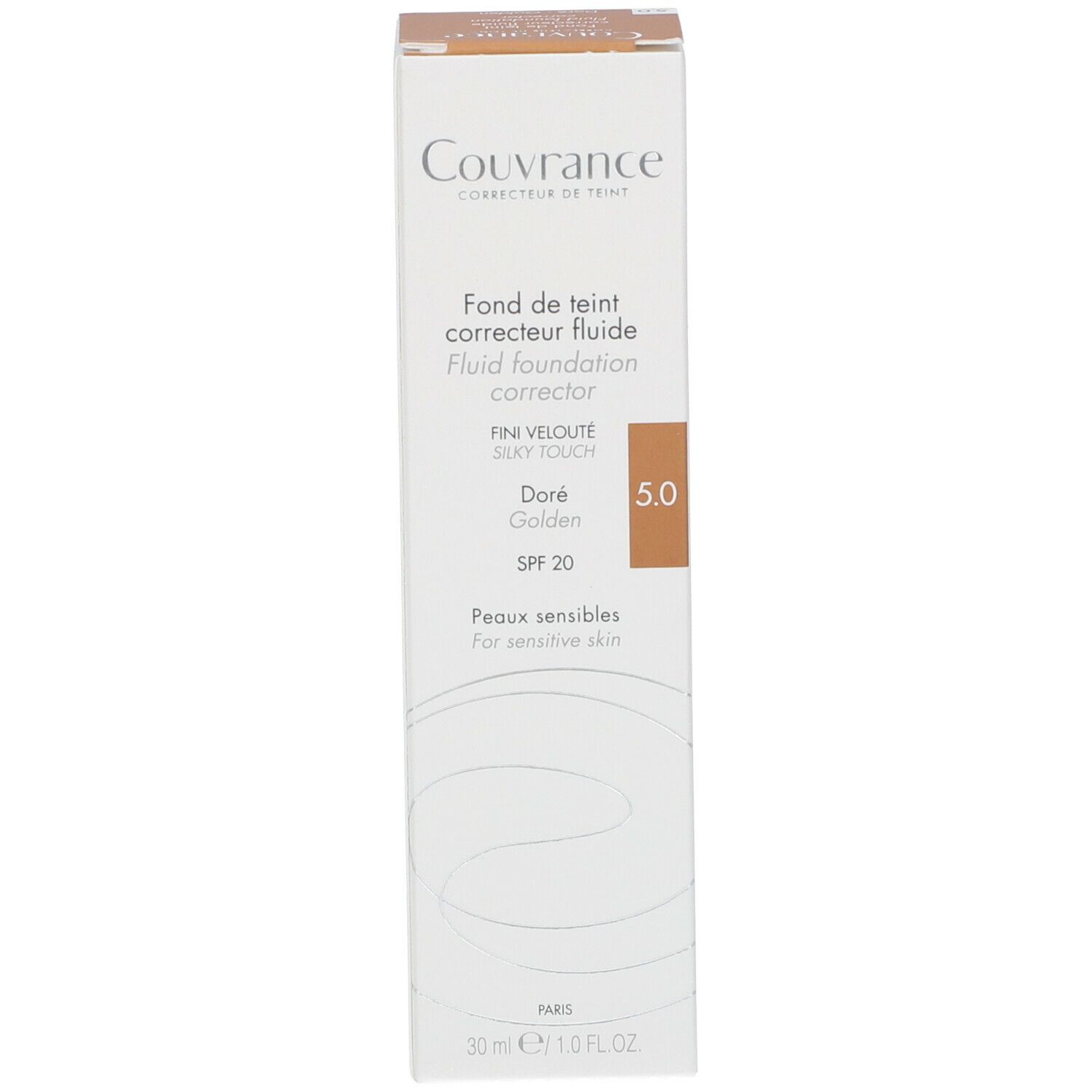 Boîte de fond de teint fluide Couvrance, teinte 5.0, SPF 20. Pour peaux sensibles.