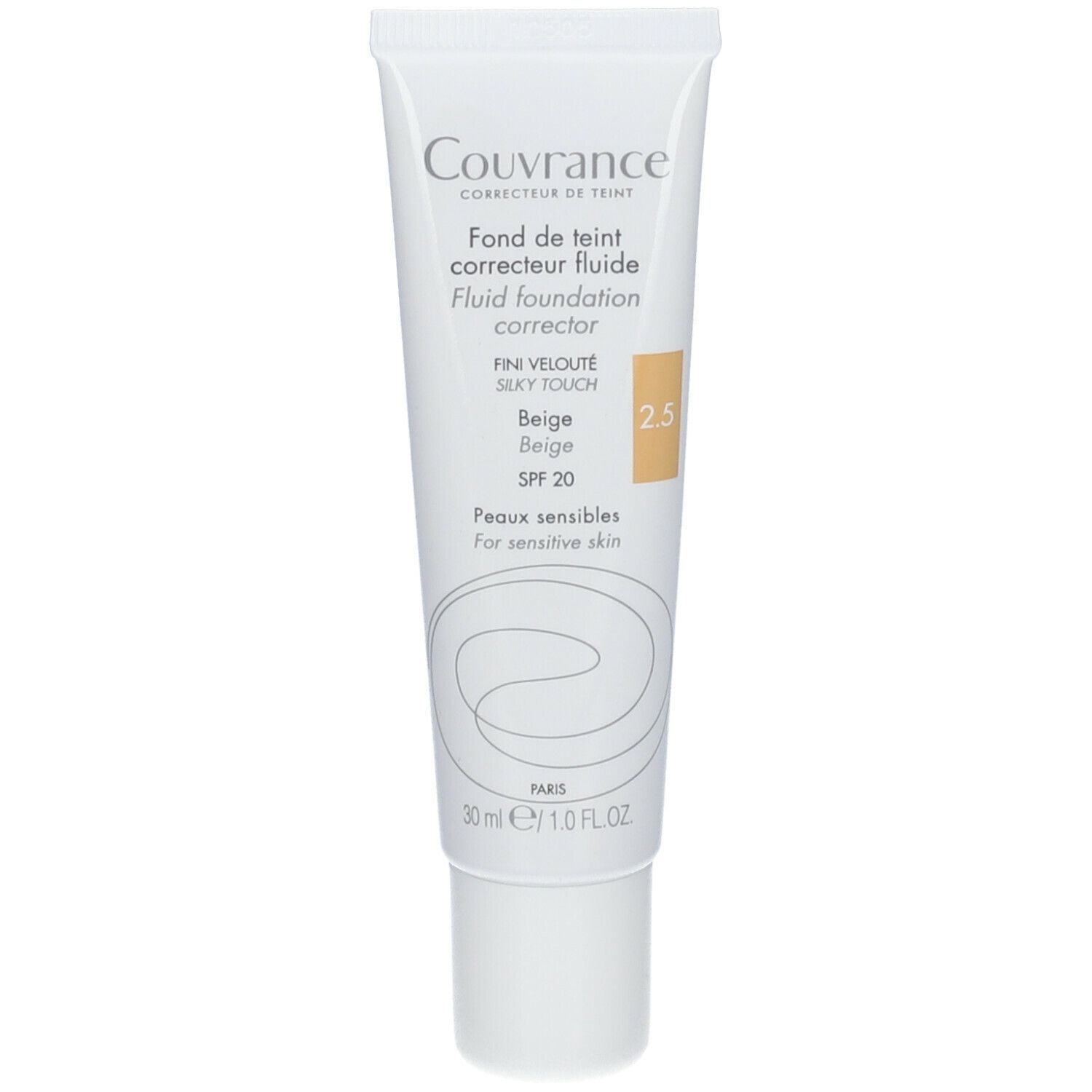 Tube mit flüssiger Foundation. Beige Farbton, SPF 20. Für empfindliche Haut. Marke Couvrance.