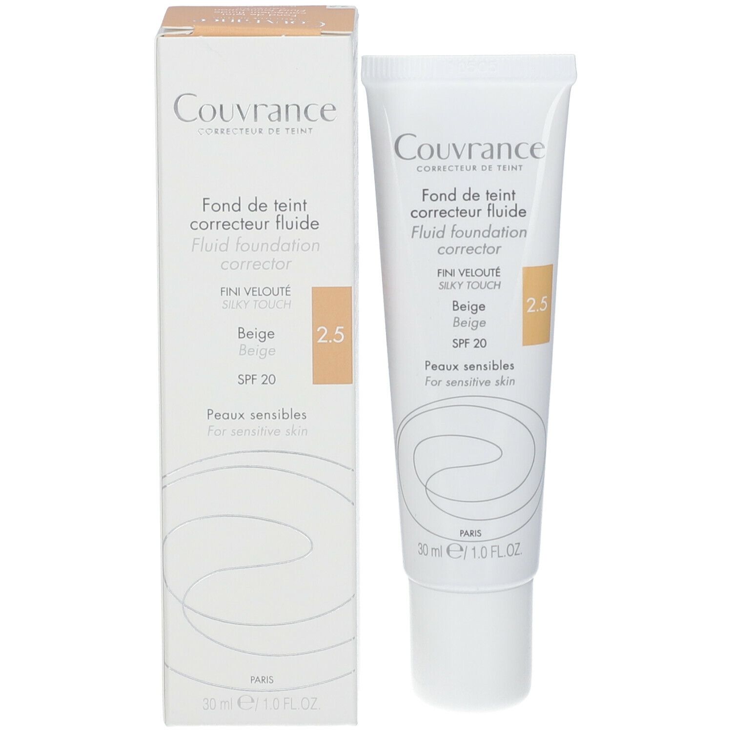 Karton und Tube mit flüssiger Foundation. Beige Farbton, SPF 20. Marke Couvrance.