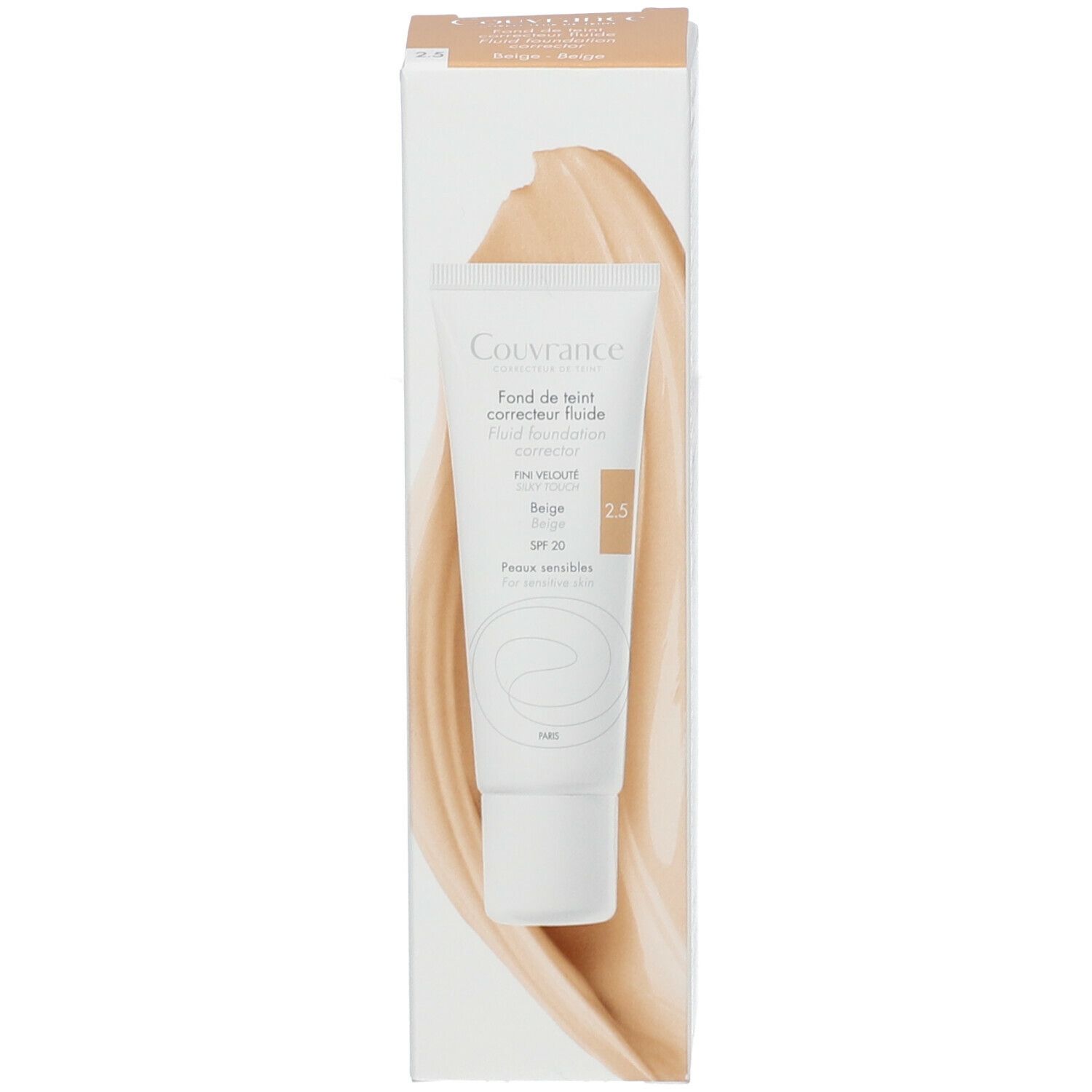 Karton und Tube mit flüssiger Foundation. Beige Farbton, SPF 20. Marke Couvrance.