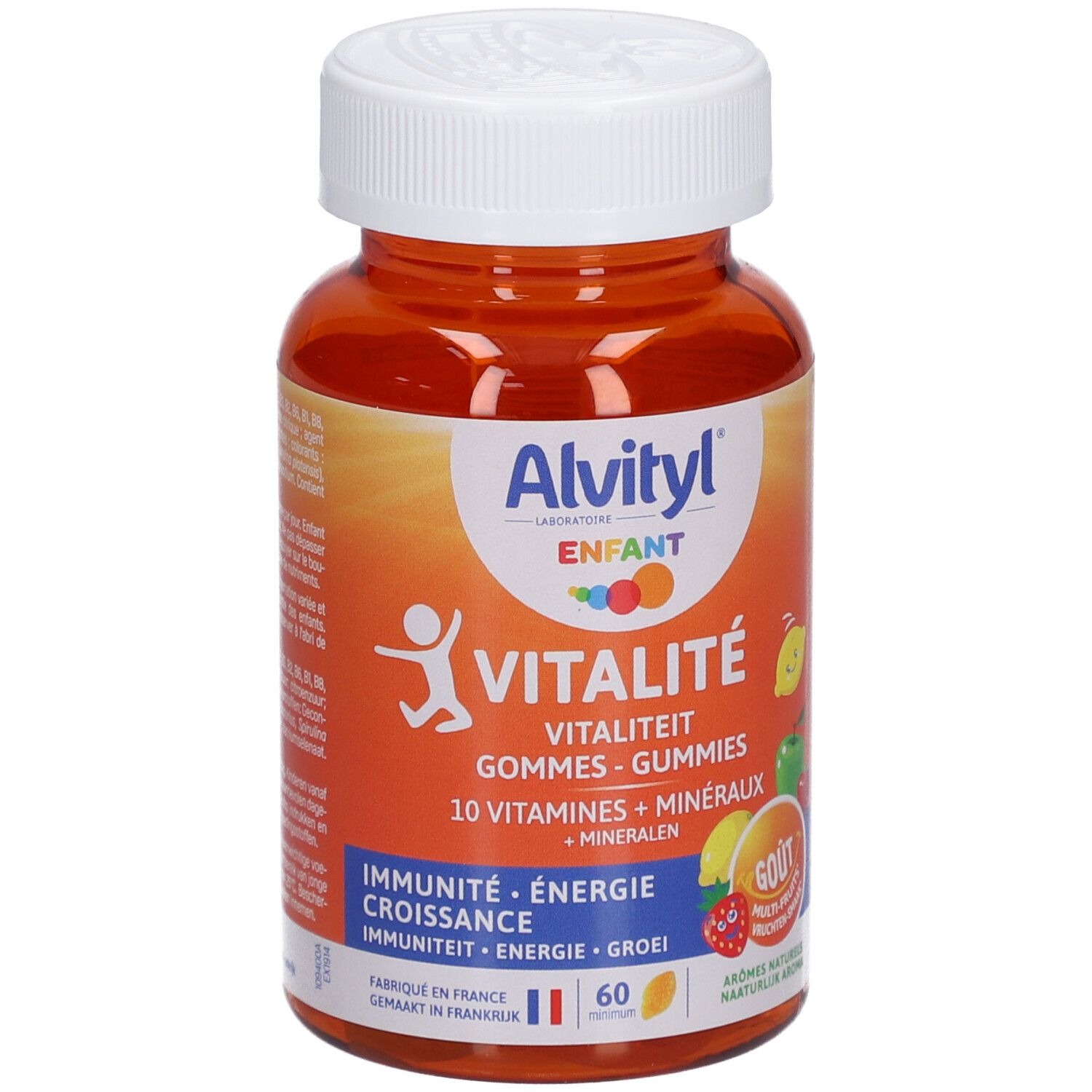 Orangefarbene Flasche mit weißem Deckel. Aufschrift: Alvityl Vitalité, 10 Vitamines + Minéraux. 60 Gummies.