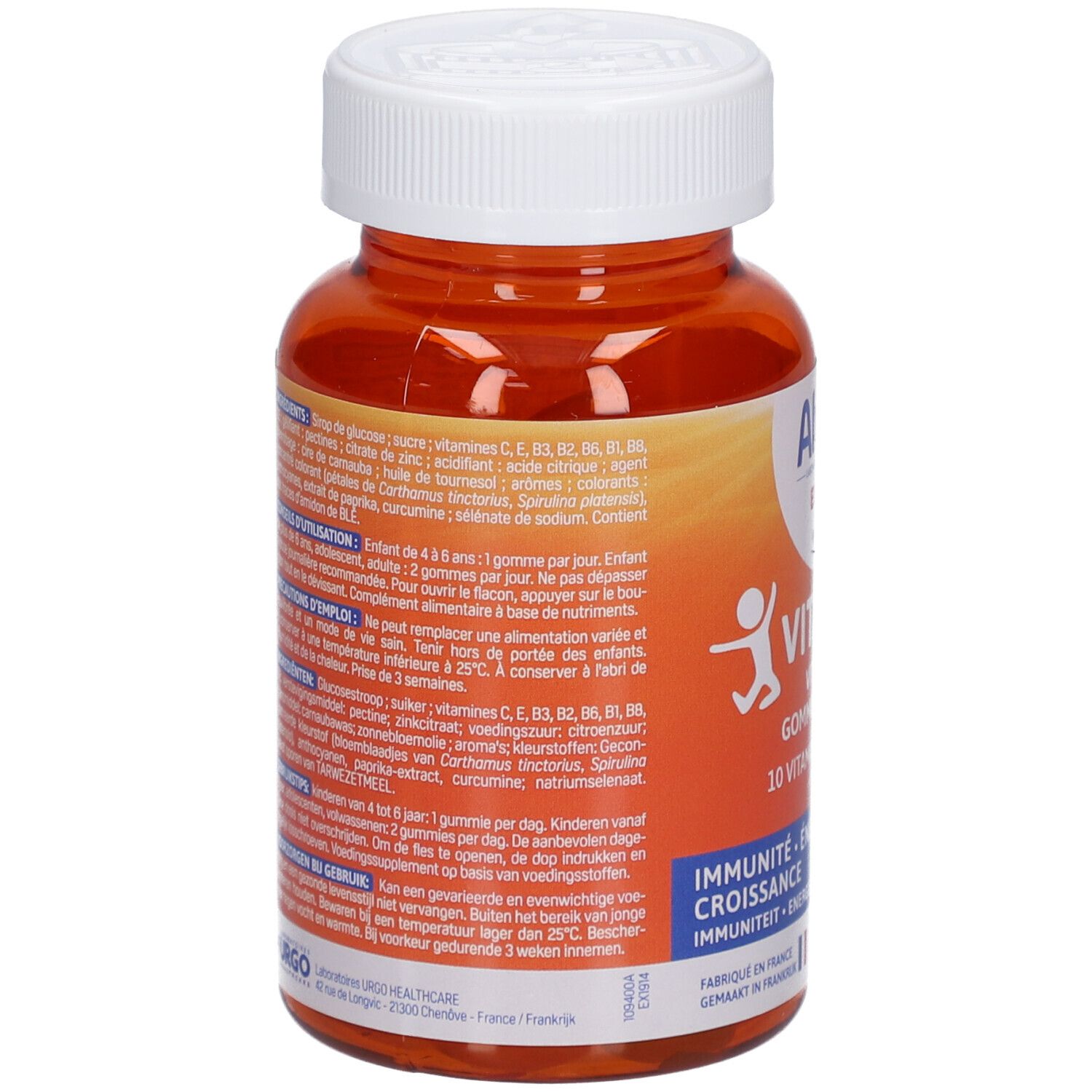 Rückseite der Flasche. Enthält Informationen zu Inhaltsstoffen, Dosierung und Warnhinweisen. Orangefarbener Behälter mit weißem Deckel.