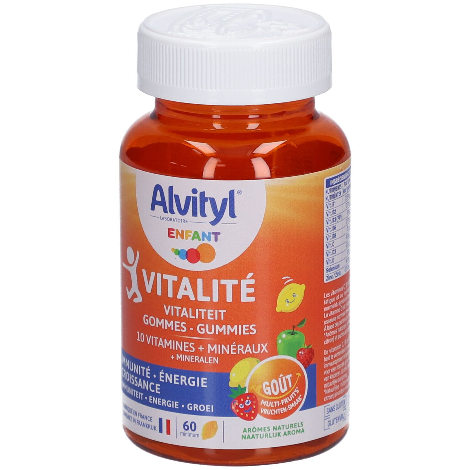 Orangefarbene Flasche mit weißem Deckel. Aufschrift: Alvityl Vitalité, 10 Vitamines + Minéraux. 60 Gummies.