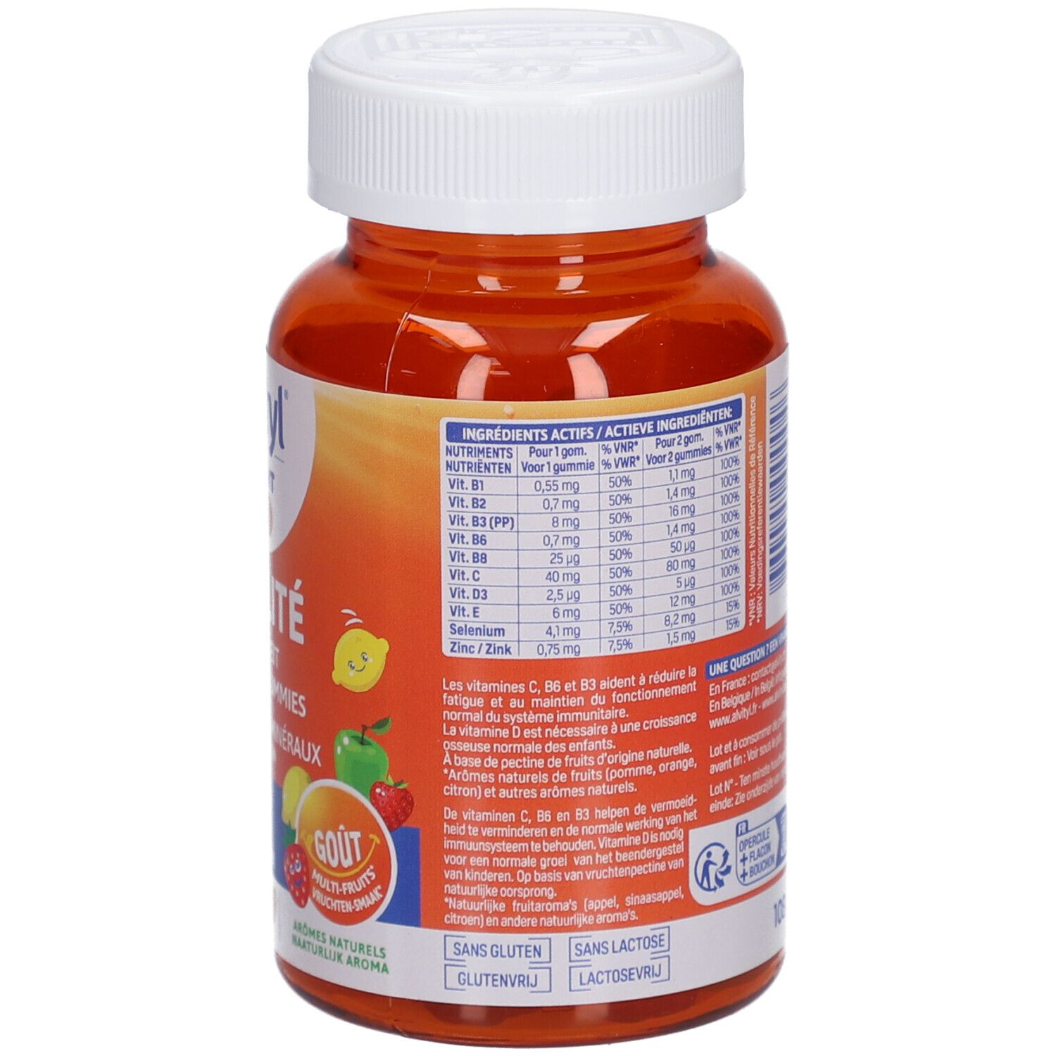 Rückseite der Flasche. Enthält Informationen zu Inhaltsstoffen, Dosierung und Warnhinweisen. Orangefarbener Behälter mit weißem Deckel.