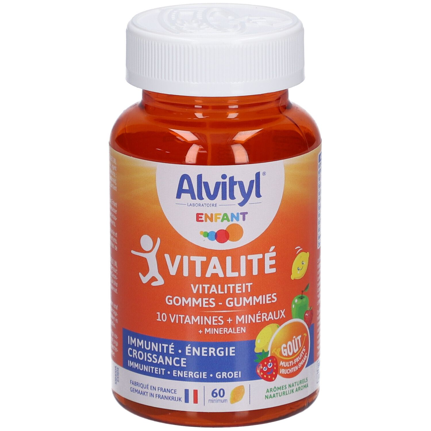 Orangefarbene Flasche mit weißem Deckel. Aufschrift: Alvityl Vitalité, 10 Vitamines + Minéraux. 60 Gummies.