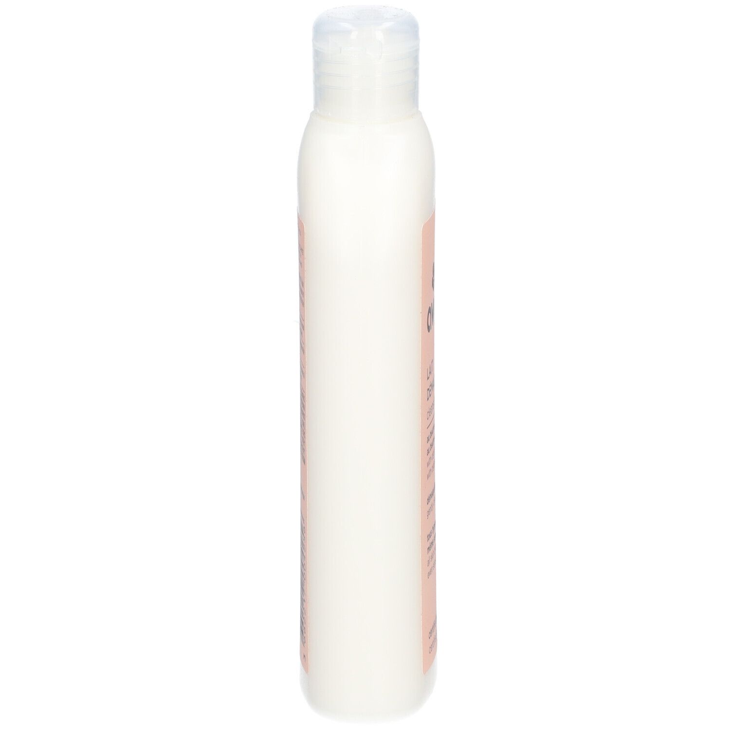 Weiße Flasche, Seitenansicht. Rosa Etikett mit Text. Transparenter Deckel.