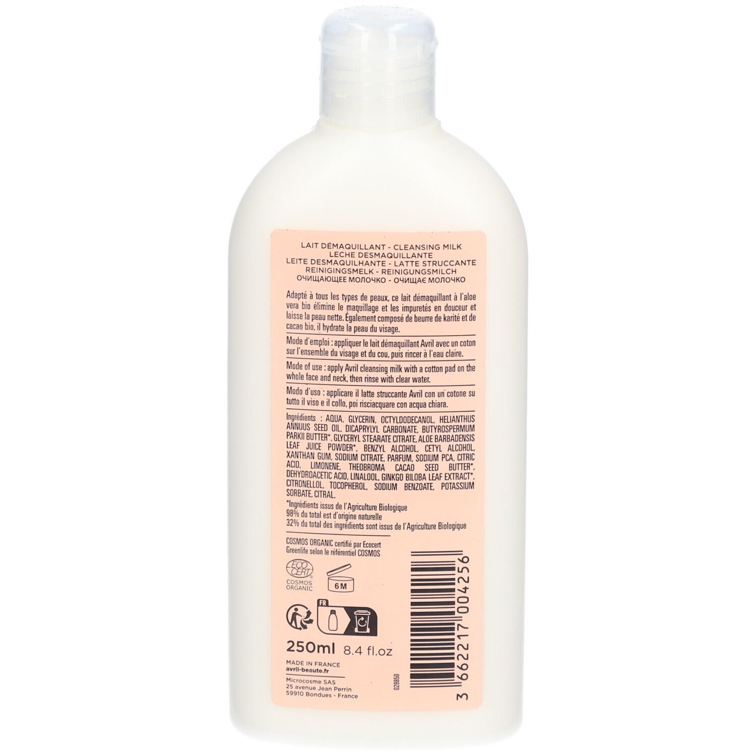 Rückseite der weißen Flasche. Rosa Etikett mit Text und Inhaltsstoffen. 250ml.