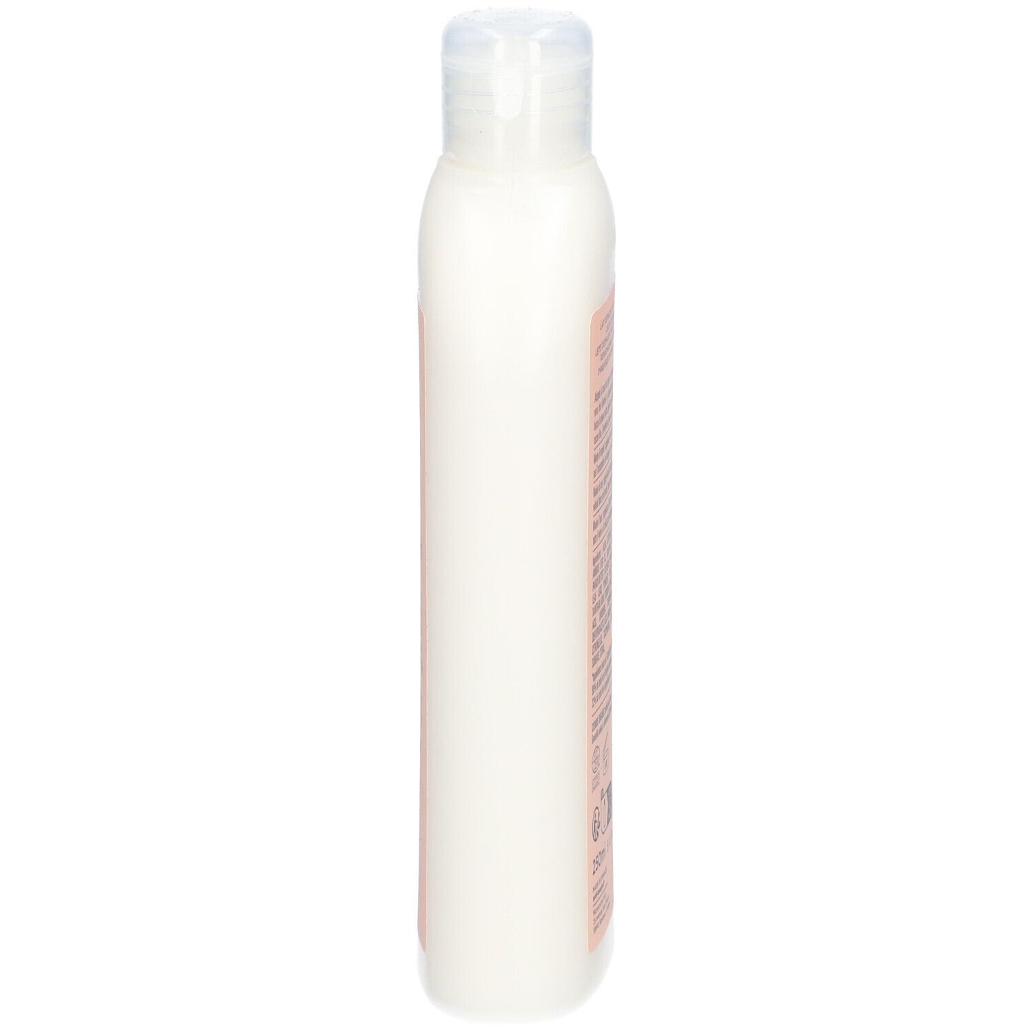 Weiße Flasche, Seitenansicht. Rosa Etikett mit Text. Transparenter Deckel.