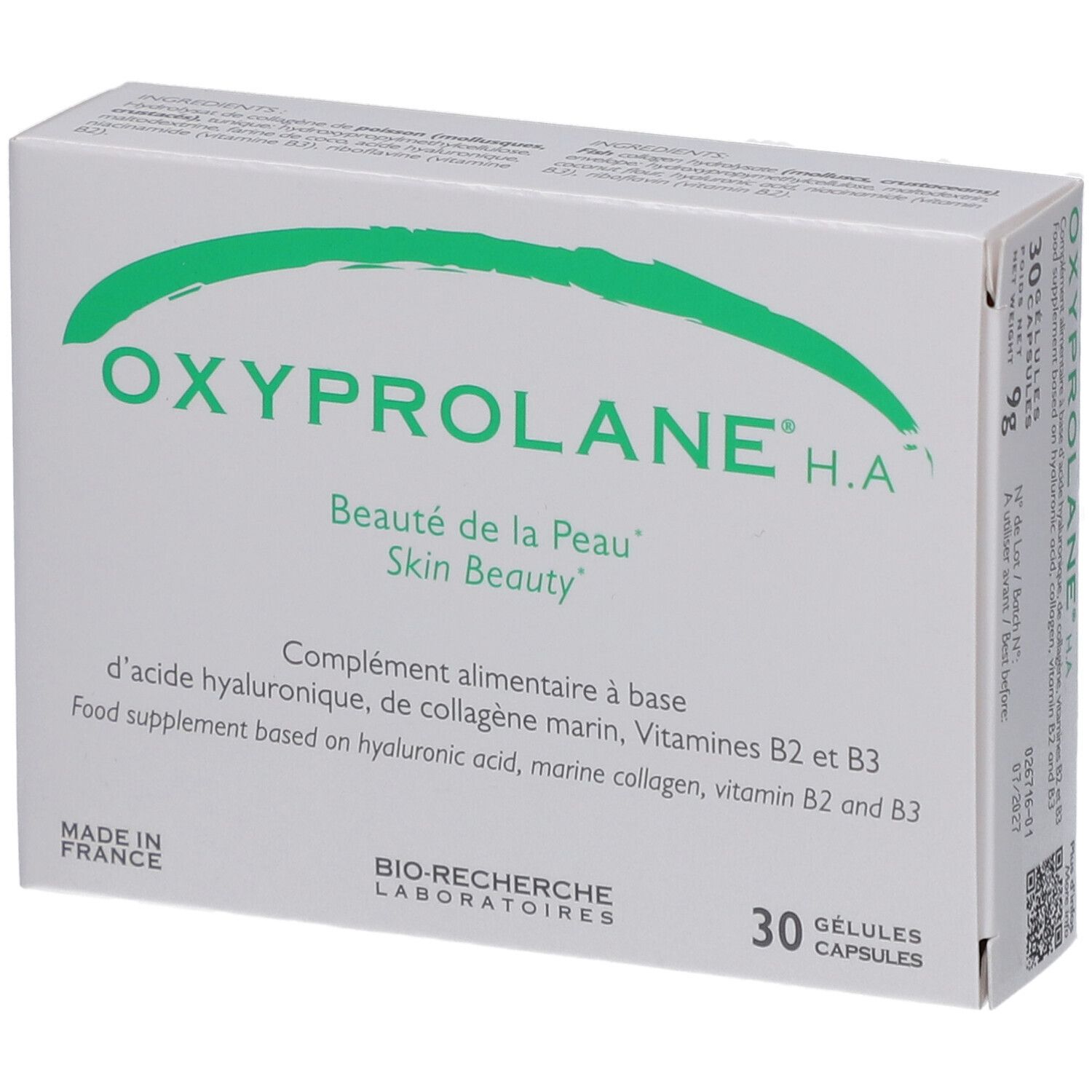 Oxyprolane H.A. Packung mit 30 Kapseln. Enthält Hyaluronsäure, Meereskollagen, Vitamine B2 und B3. Hergestellt in Frankreich.