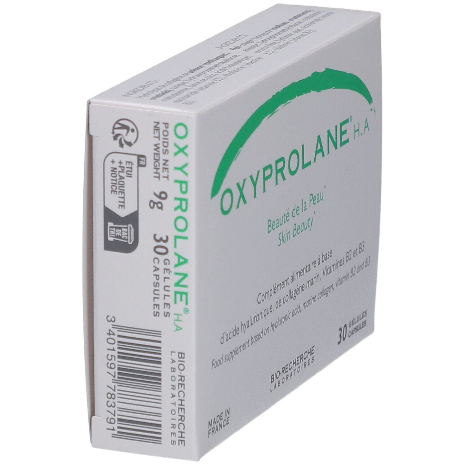 Oxyprolane H.A. Packung, schräg. Enthält 30 Kapseln. Enthält Hyaluronsäure, Meereskollagen, Vitamine B2 und B3. Hergestellt in Frankreich.