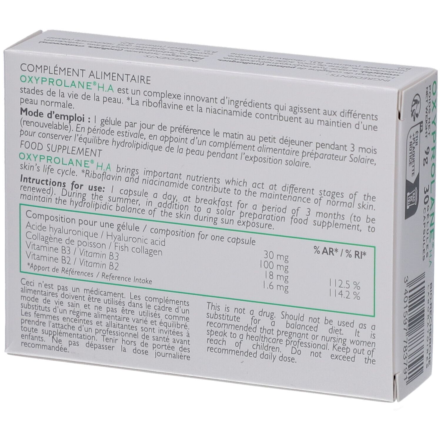 Rückseite der Oxyprolane H.A. Packung. Enthält Informationen zu Inhaltsstoffen und Anwendung. 30 Kapseln. Hergestellt in Frankreich.