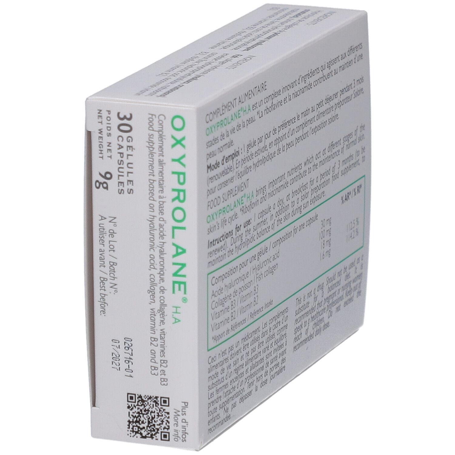 Oxyprolane H.A. Packung, schräg. Enthält 30 Kapseln. Informationen zu Inhaltsstoffen und Haltbarkeit. Hergestellt in Frankreich.