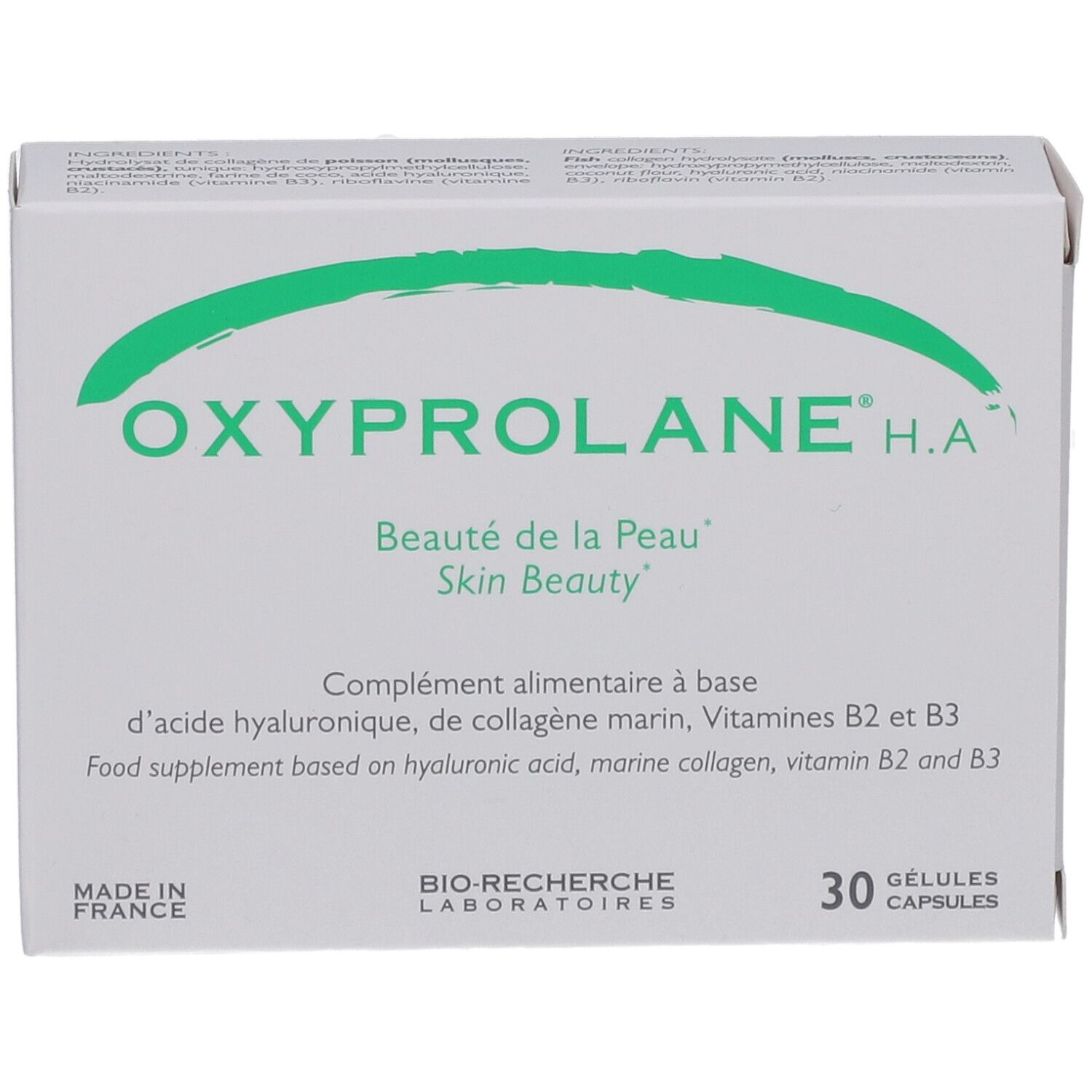 Oxyprolane H.A. Packung mit grünem Logo. Enthält 30 Kapseln. Enthält Hyaluronsäure, Meereskollagen, Vitamine B2 und B3. Hergestellt in Frankreich.