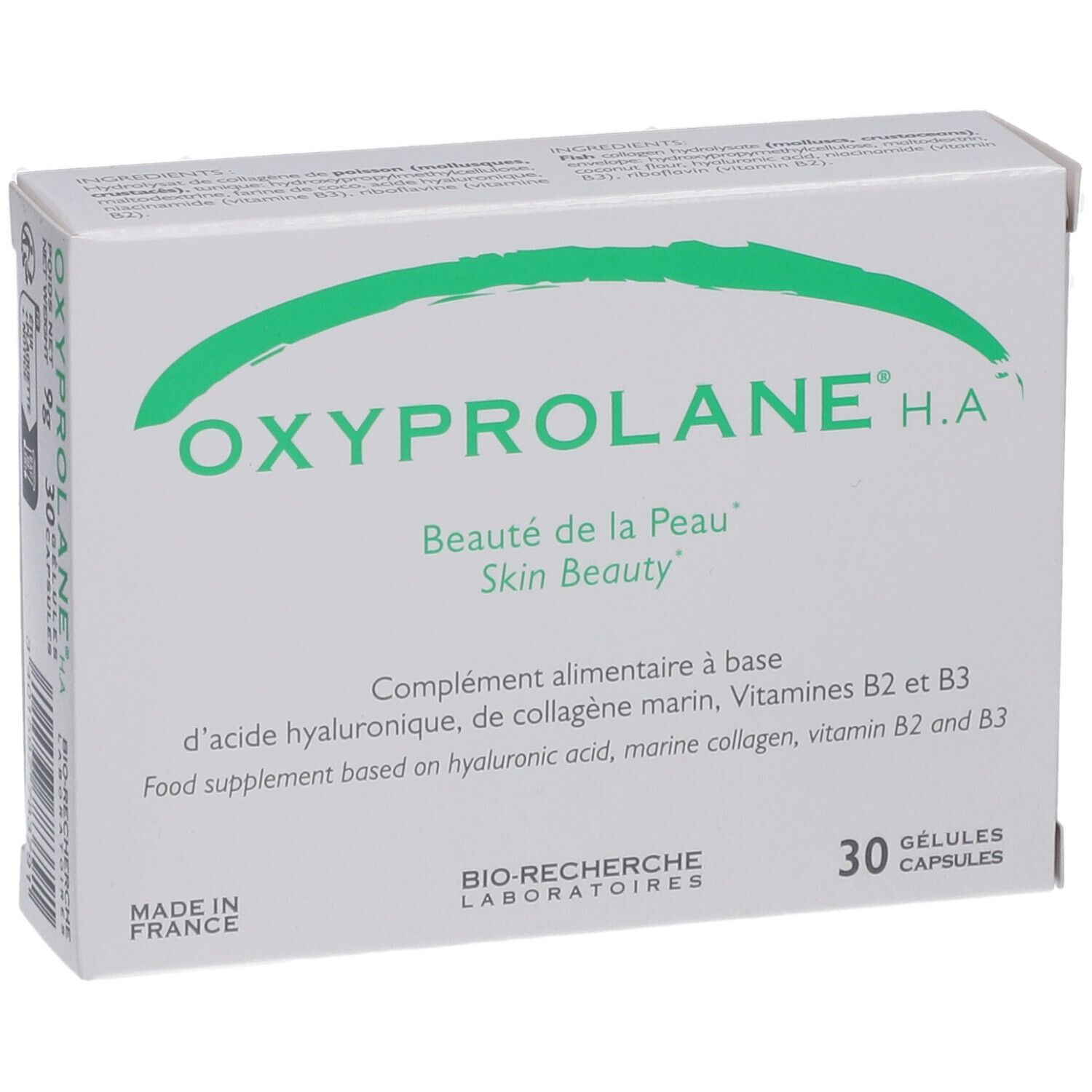 Oxyprolane H.A. Packung mit grünem Logo. Enthält 30 Kapseln. Enthält Hyaluronsäure, Meereskollagen, Vitamine B2 und B3. Hergestellt in Frankreich.