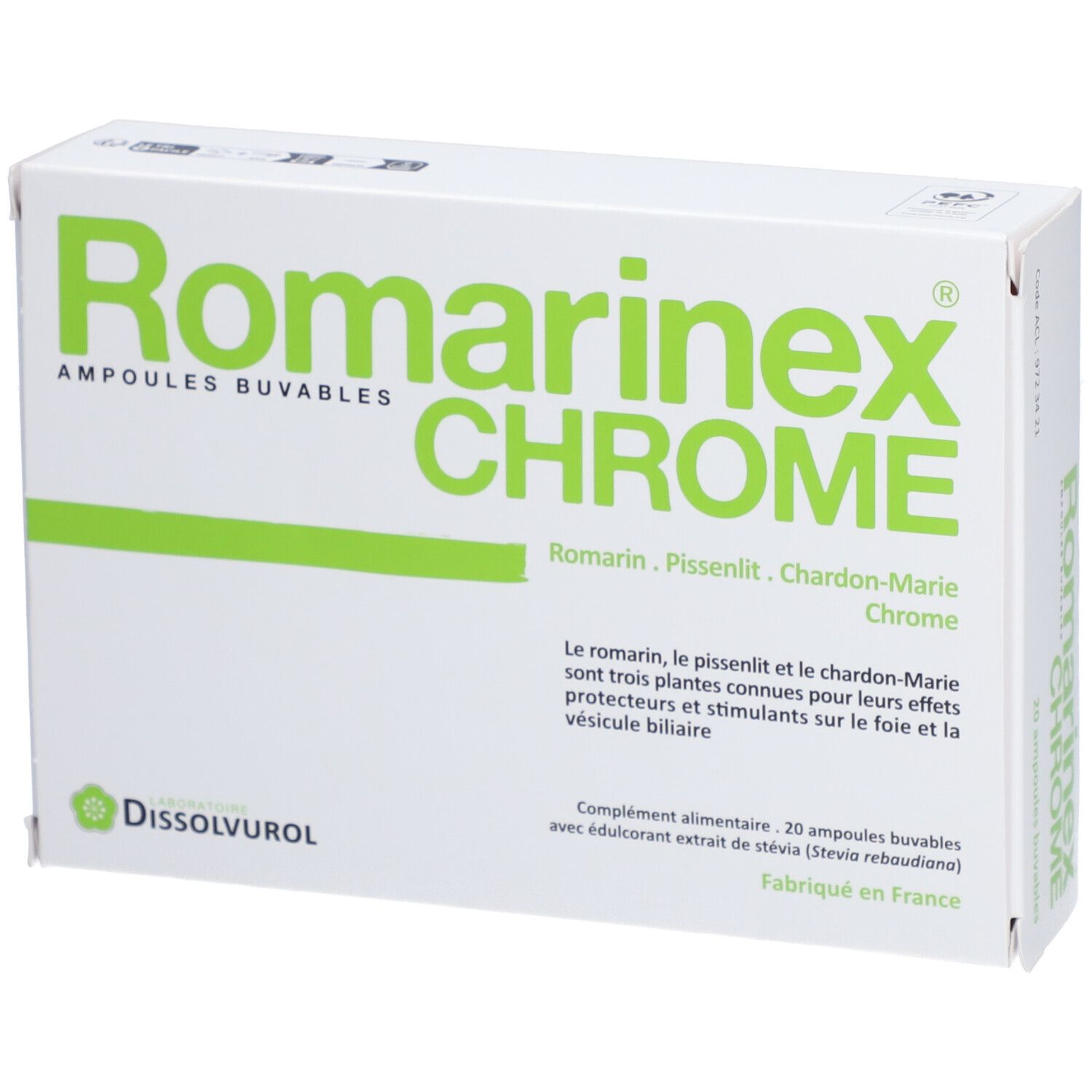 Boîte blanche avec texte vert: Romarinex Chrome, ampoules buvables. Contient Romarin, Pissenlit, Chardon-Marie. 20 ampoules.