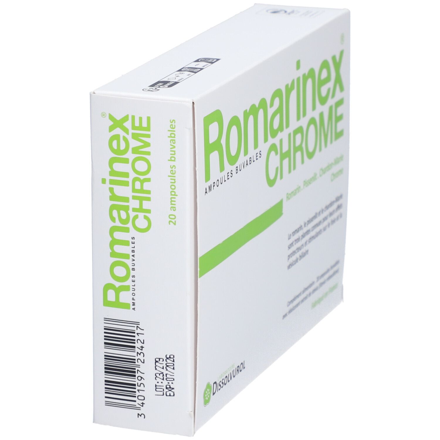 Boîte blanche avec texte vert: Romarinex Chrome, ampoules buvables. 20 ampoules. Code-barres et date de péremption.