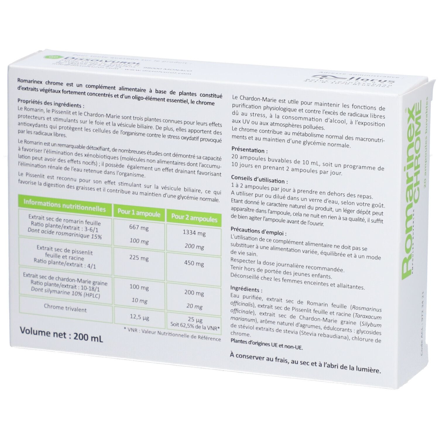 Boîte blanche avec texte. Informations sur les ingrédients, la valeur nutritionnelle et l'utilisation de Romarinex Chrome. Volume: 200 ml.