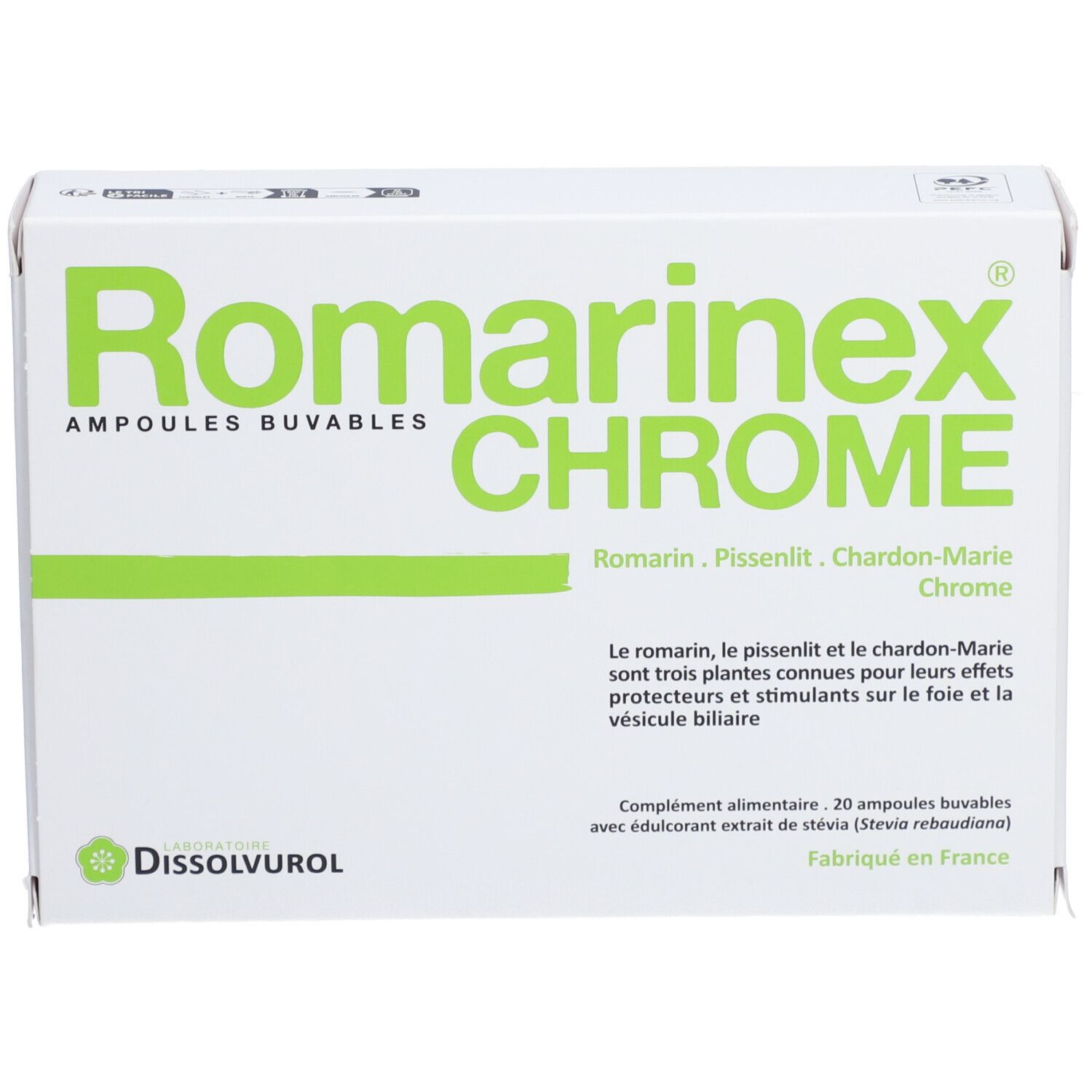 Boîte blanche avec texte vert: Romarinex Chrome, ampoules buvables. Contient Romarin, Pissenlit, Chardon-Marie. 20 ampoules.