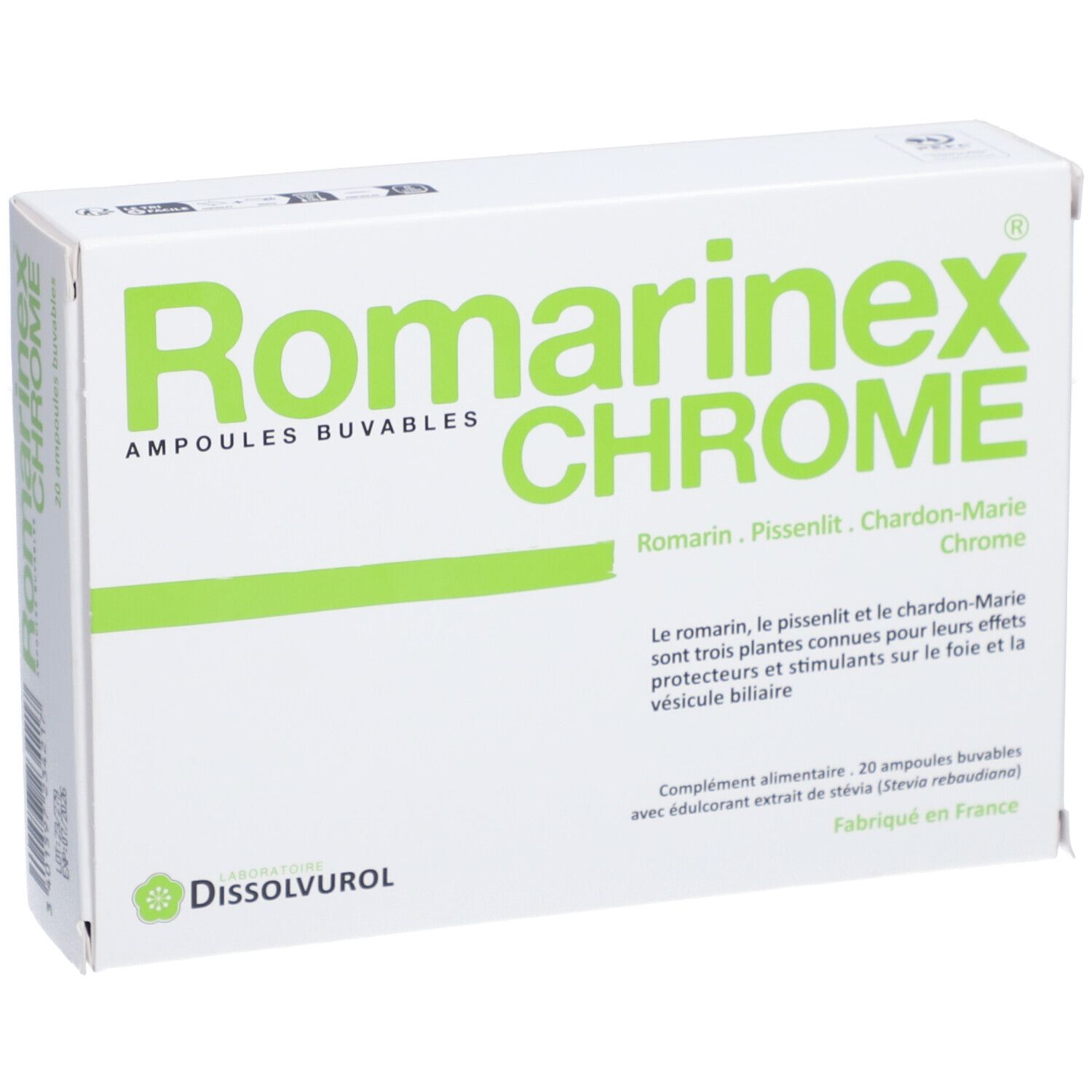 Boîte blanche avec texte vert: Romarinex Chrome, ampoules buvables. Contient Romarin, Pissenlit, Chardon-Marie. 20 ampoules.