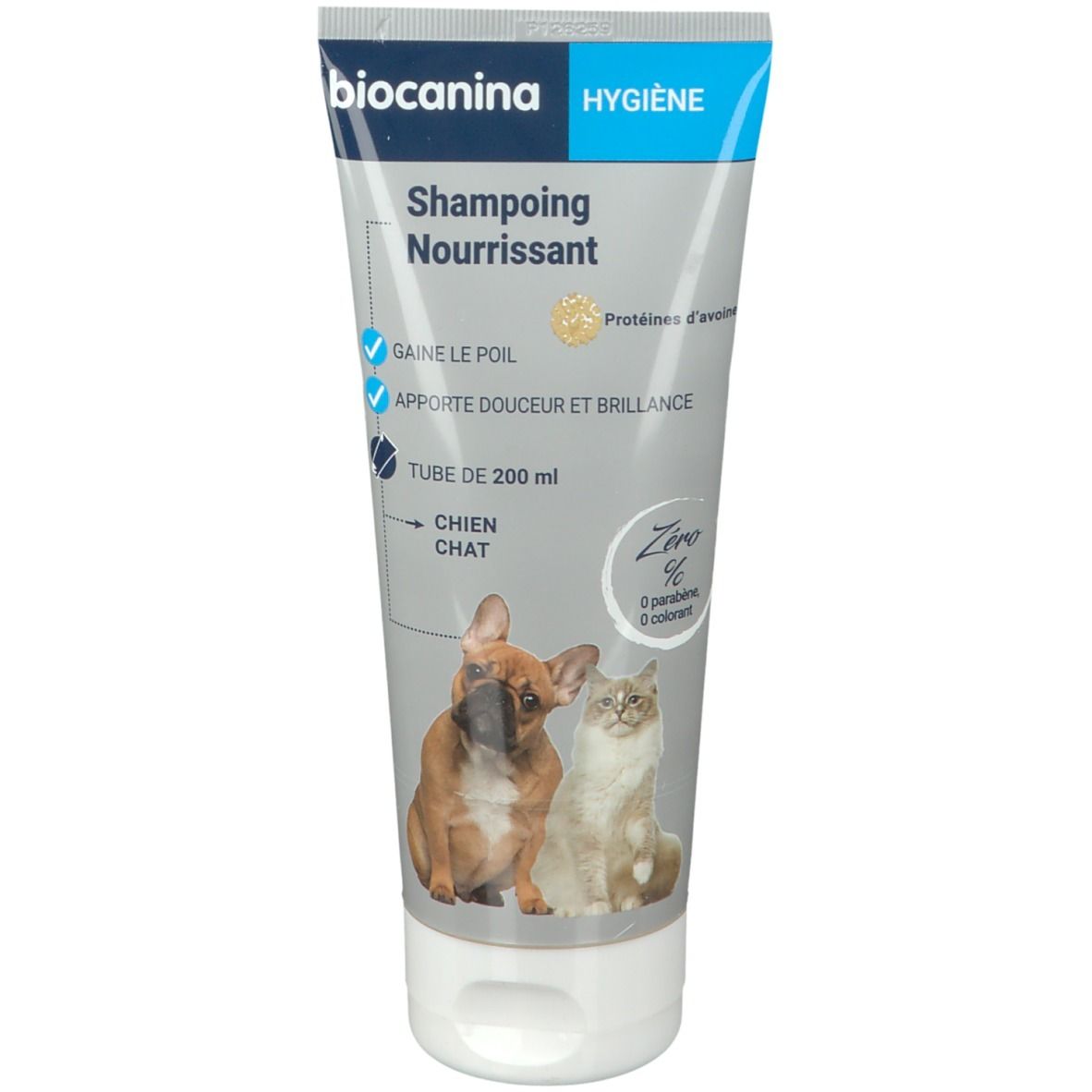 Tube de Shampooing Nourrissant Biocanina. Image chien et chat. Emballage bleu et blanc. Contient des protéines.