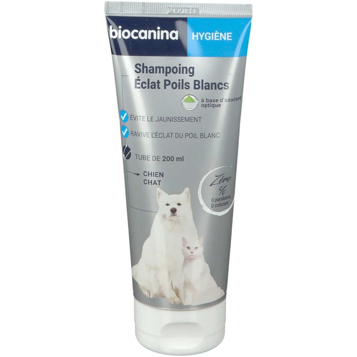 Tube Shampooing Eclat Poils Blancs. Weißes Haar Shampoo. Hund und Katze abgebildet. Blaue und weiße Verpackung.