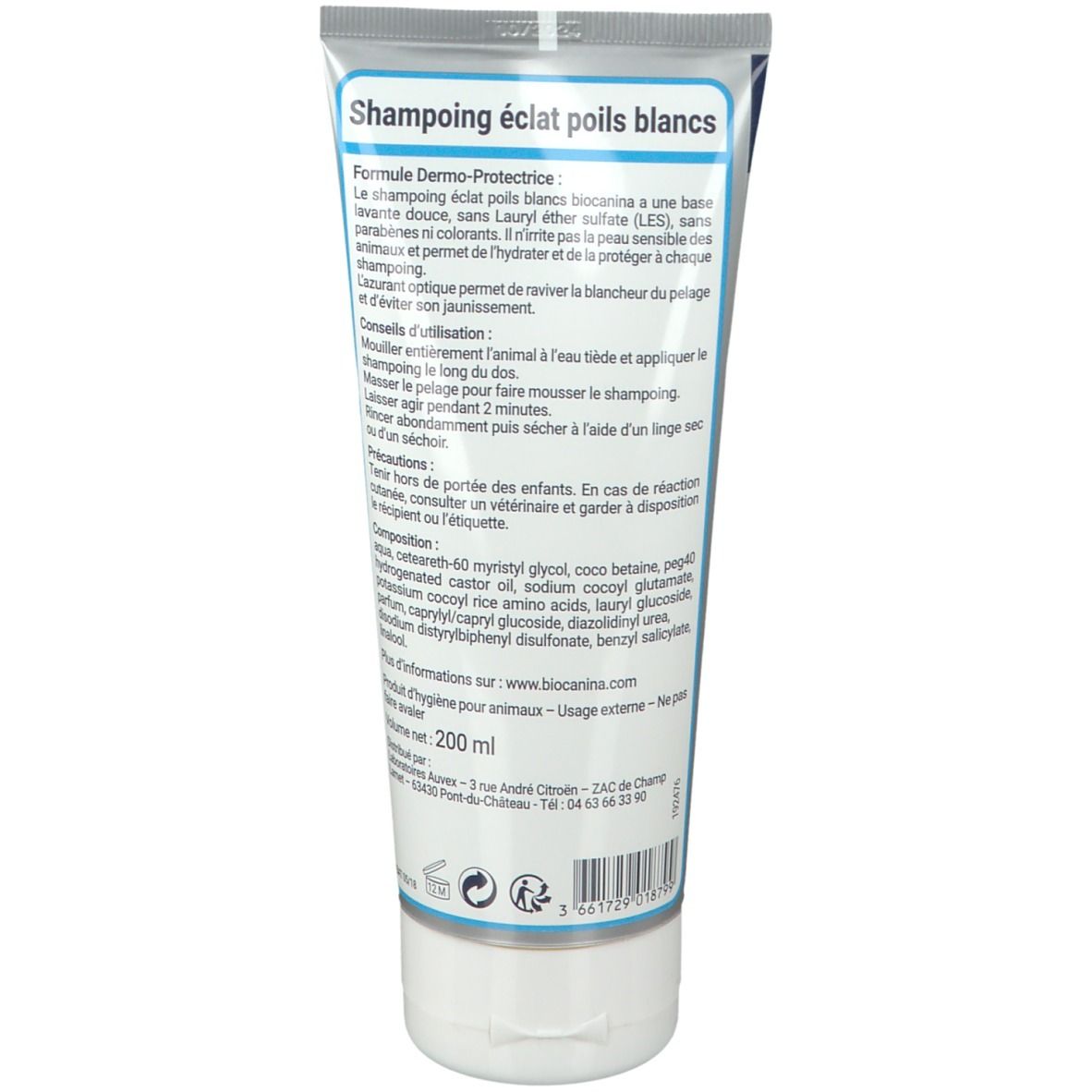 Rückseite der Shampoo-Tube. Text in französischer Sprache. Enthält Inhaltsstoffe und Anwendungshinweise.