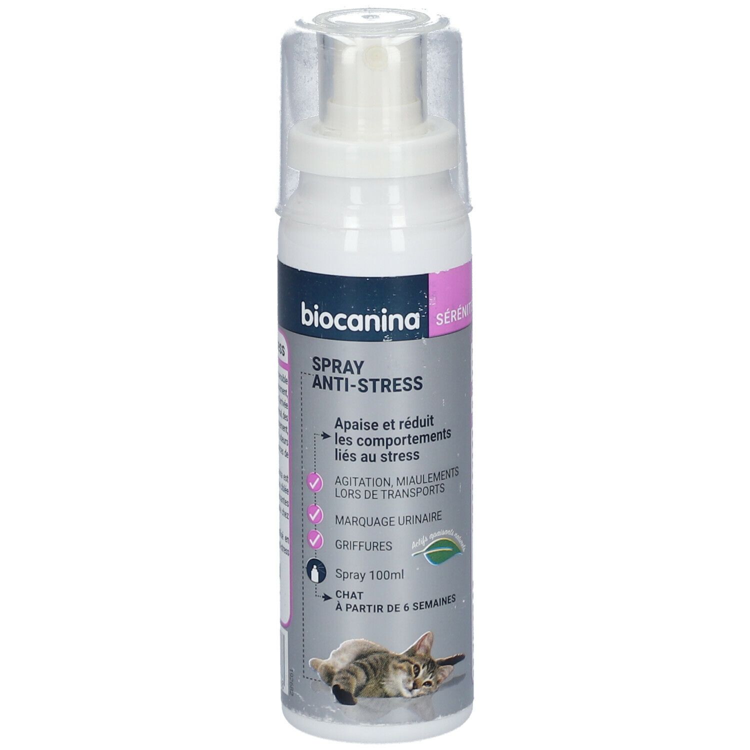 Flacon spray Biocanina Anti-Stress. Inscription: Spray Anti-Stress. Pour chats. Contient 100ml. À partir de 6 semaines.