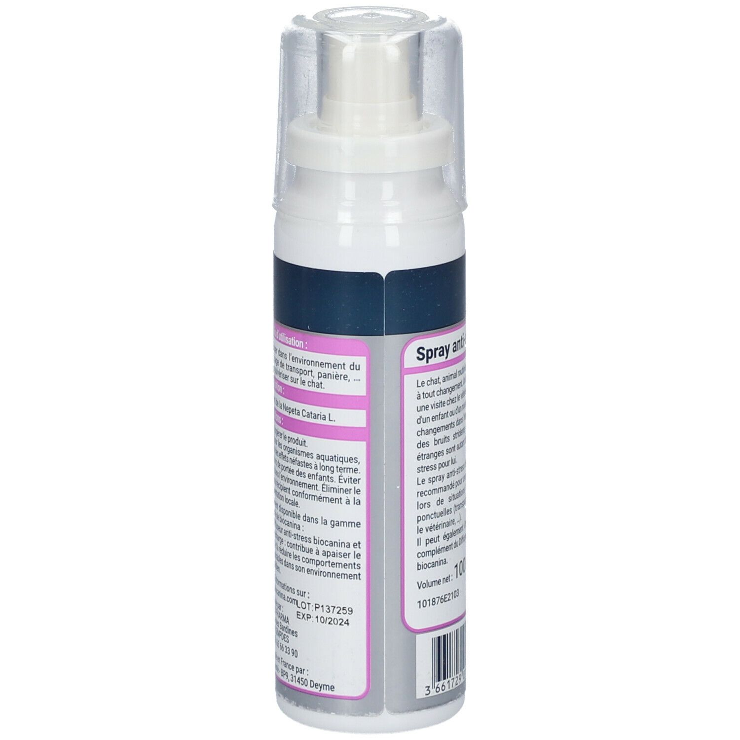 Flacon spray Biocanina Anti-Stress. Inscription: Spray Anti-Stress. Contient 100 ml.