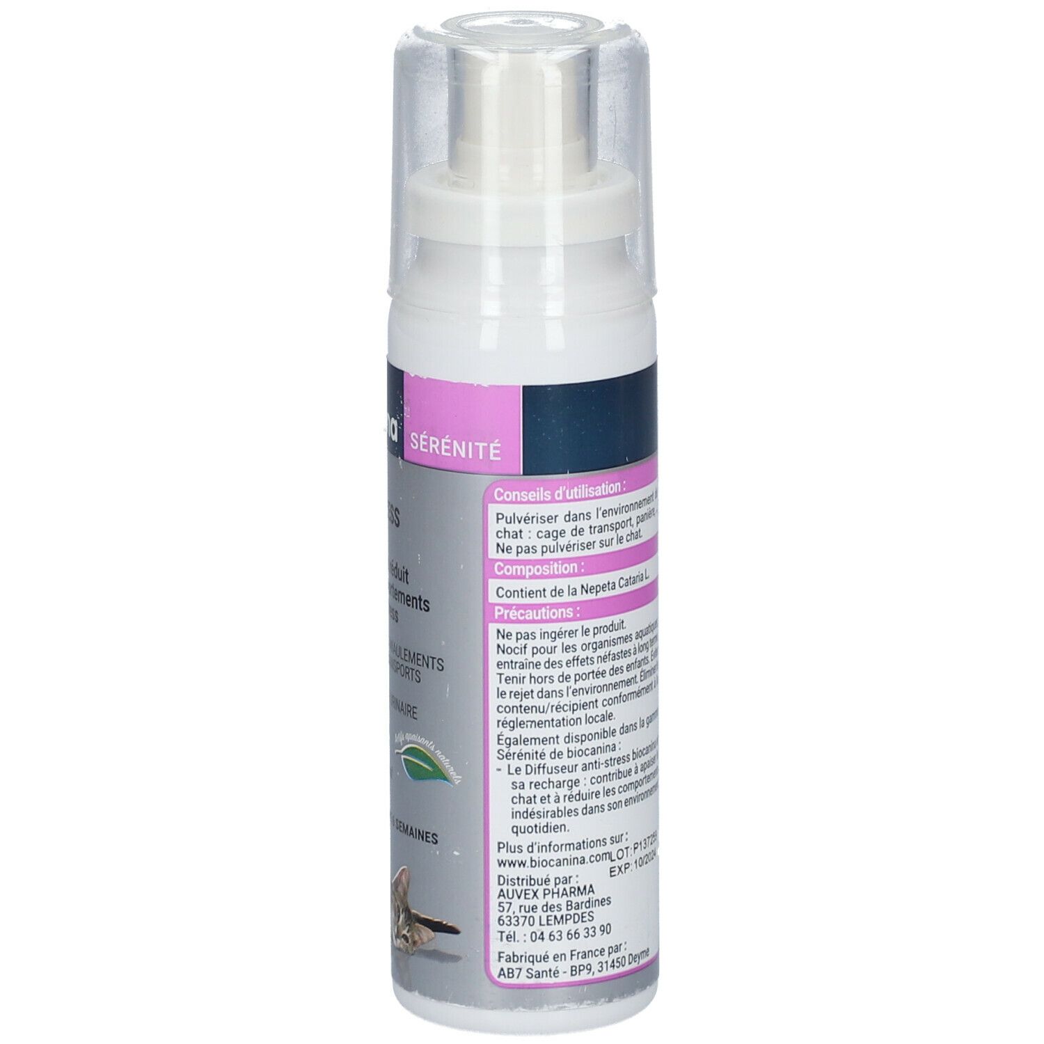 Flacon spray Biocanina Sérénité. Contient des informations d'utilisation.