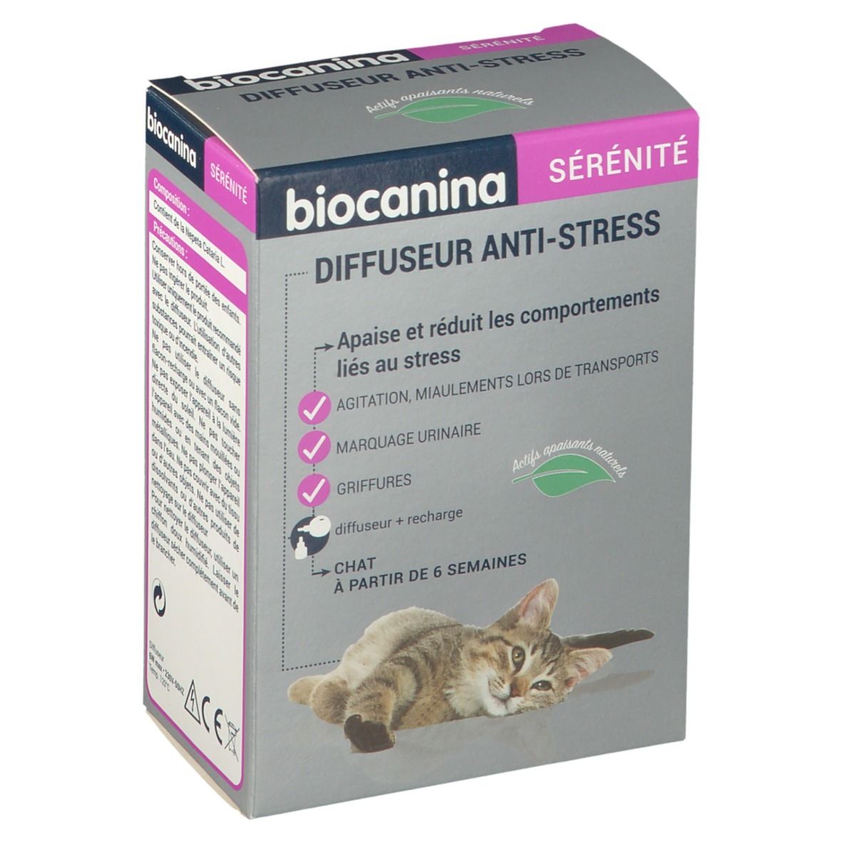 Verpackung von biocanina Sérénité Diffuseur Anti-Stress. Graue Schachtel mit Produktnamen und Katze. Enthält Informationen zur Anwendung.