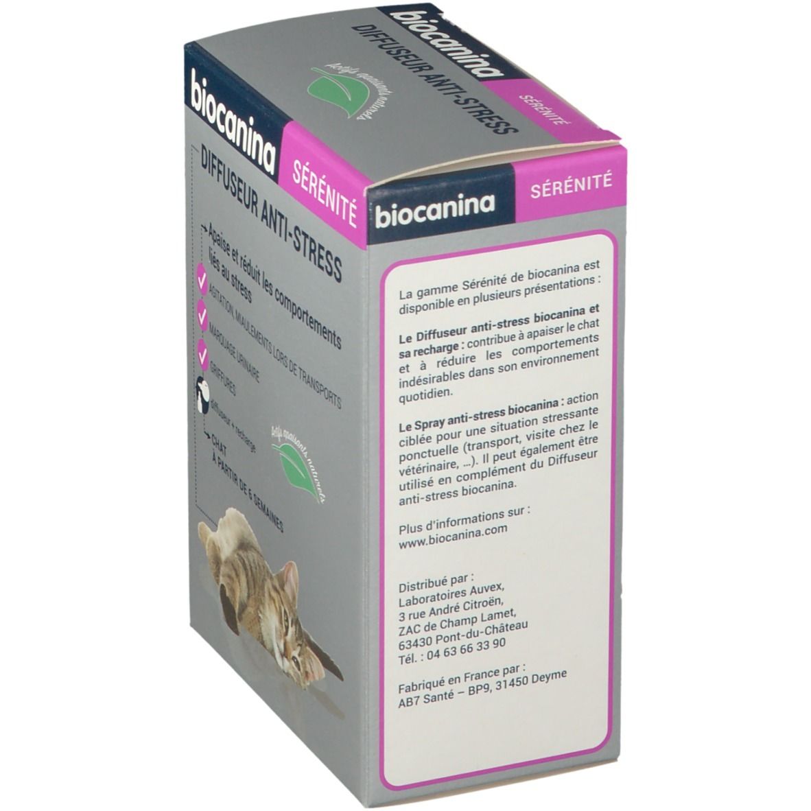 Seitenansicht der Verpackung von biocanina Sérénité Diffuseur Anti-Stress. Textinformationen über das Produkt und seine Anwendung.
