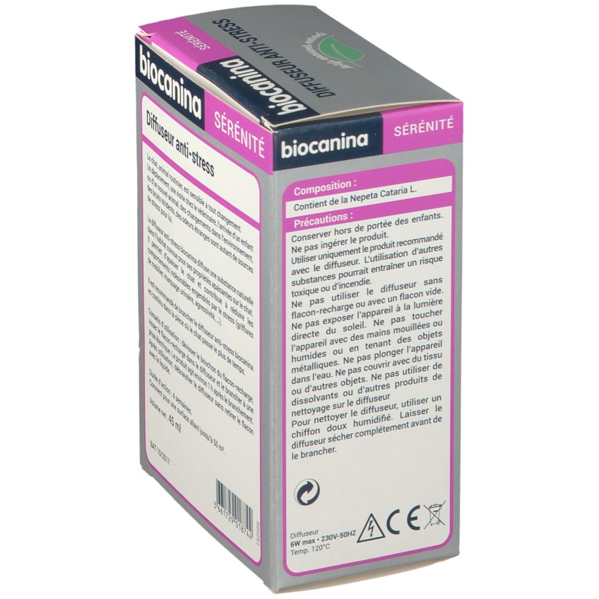 Rückseite der Verpackung von biocanina Sérénité Diffuseur Anti-Stress. Enthält Informationen zur Zusammensetzung und Vorsichtsmaßnahmen.