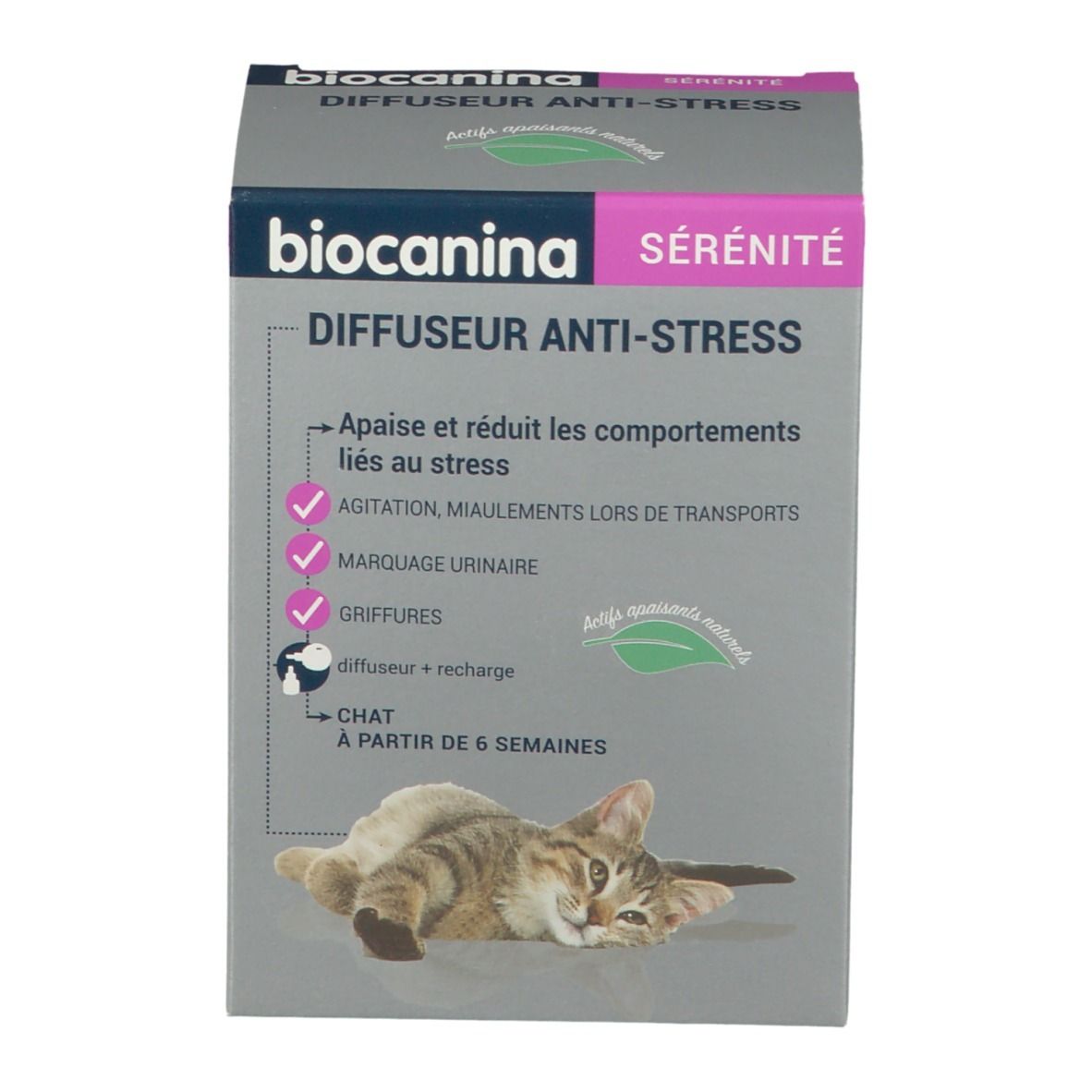 Vorderansicht der Verpackung von biocanina Sérénité Diffuseur Anti-Stress. Produktname, Illustration einer Katze und Anwendungshinweise.