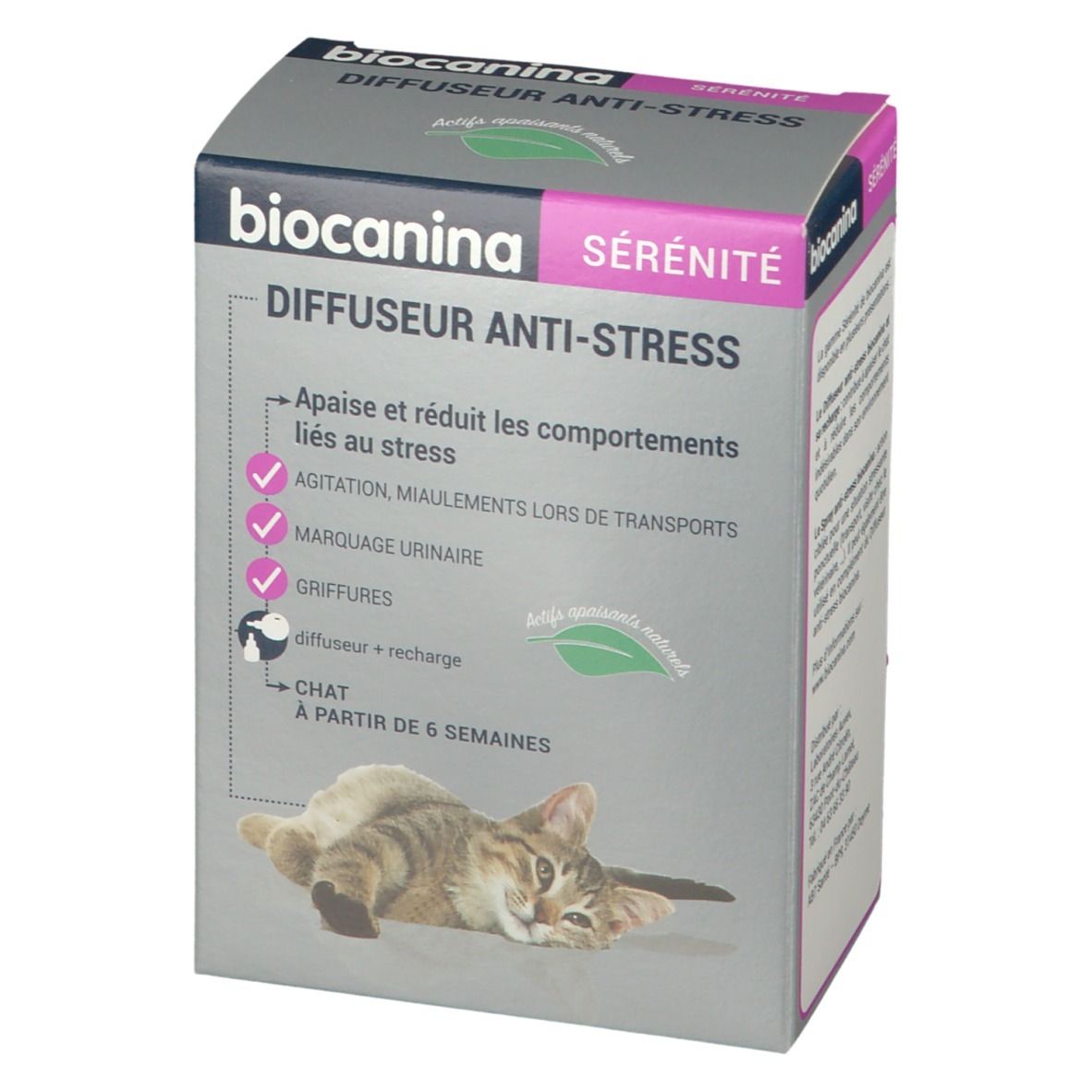 Vorderansicht der Verpackung von biocanina Sérénité Diffuseur Anti-Stress. Produktname, Illustration einer Katze und Anwendungshinweise.