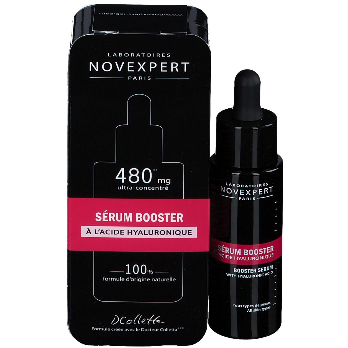 Schwarze Schachtel und Flasche mit Tropfer. Text: Sérum Booster. Marke: Novexpert Paris. 480 mg ultra-concentré.