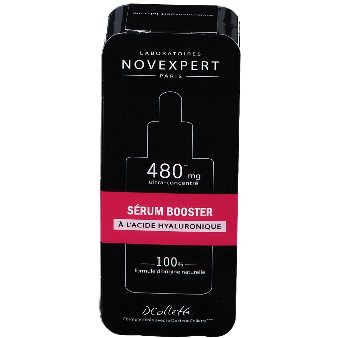 Schwarze Schachtel. Text: Sérum Booster. Marke: Novexpert Paris. 480 mg ultra-concentré. 100% formule d'origine naturelle.