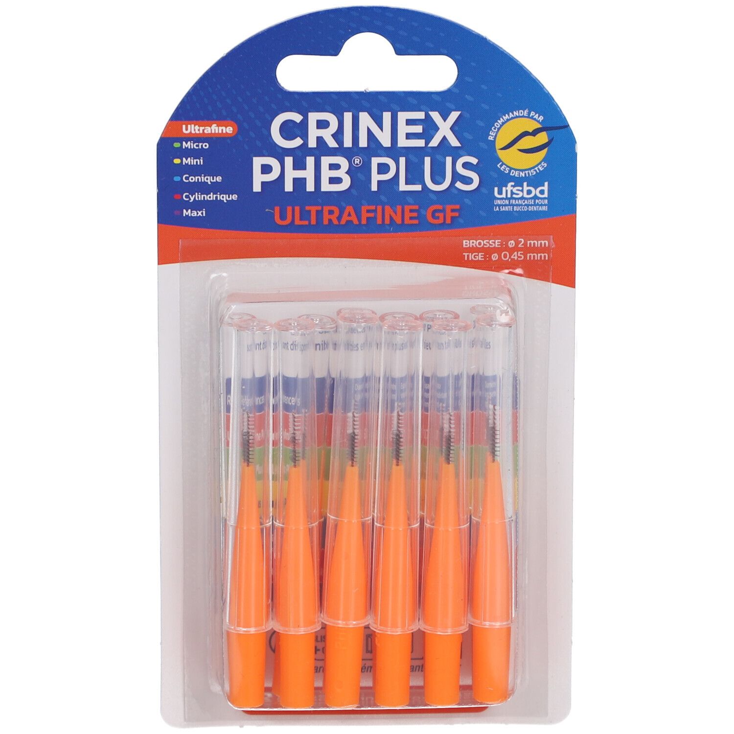 Packung mit orangefarbenen Interdentalbürsten. Aufschrift: Crinex PHB Plus Ultrafine.