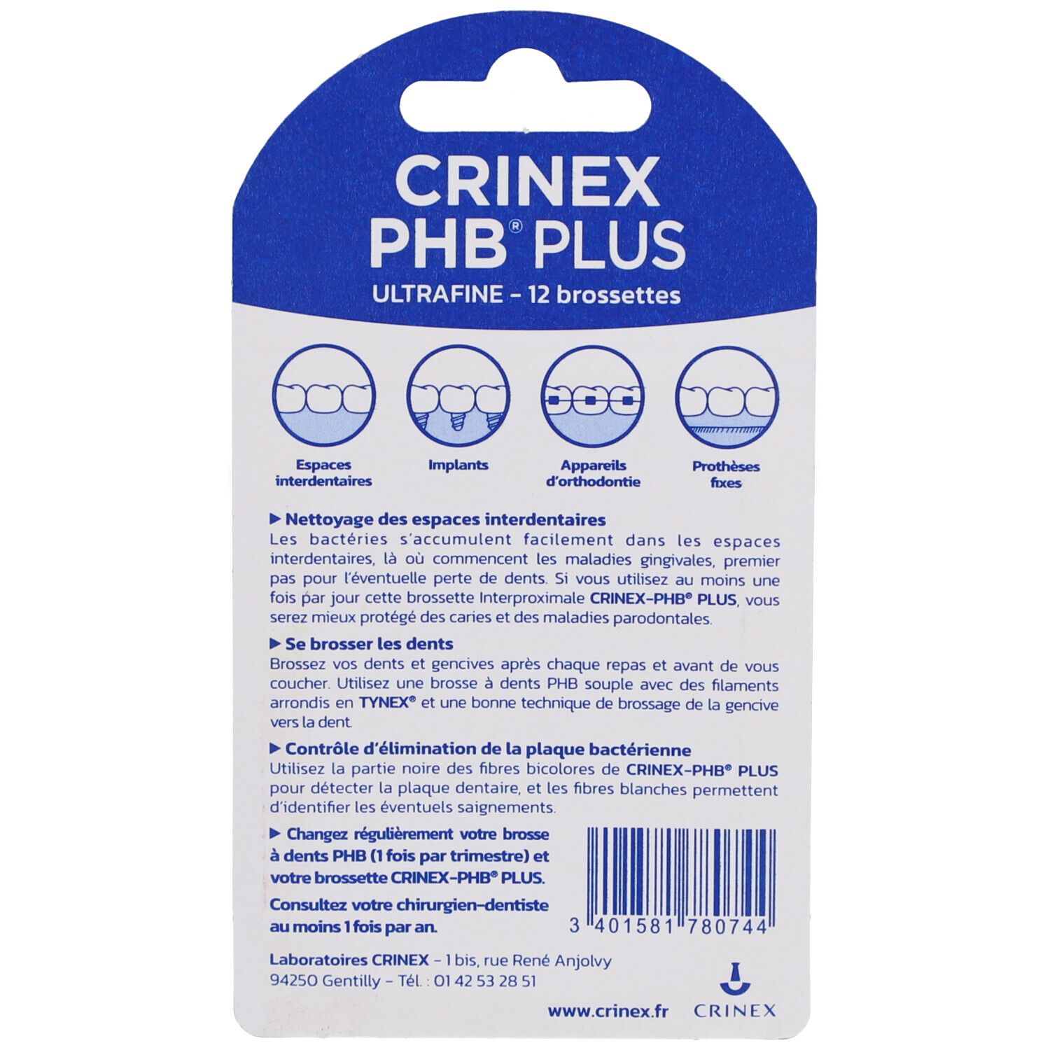 Rückseite der Verpackung mit Produktinformationen und Anwendungsbereichen. Aufschrift: Crinex PHB Plus Ultrafine.