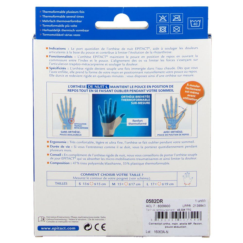 Epitact® Orthèse pouce douleureux Tailles M mains droite