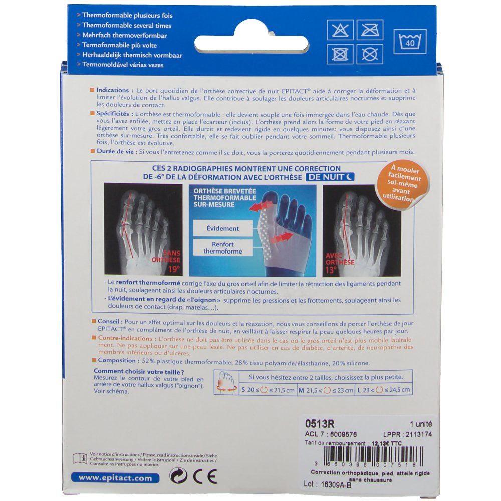 EPITACT ORTHÈSE CORRECTIVE NUIT - Redresseur d'orteil  pour Hallux valgus,  thermoformable