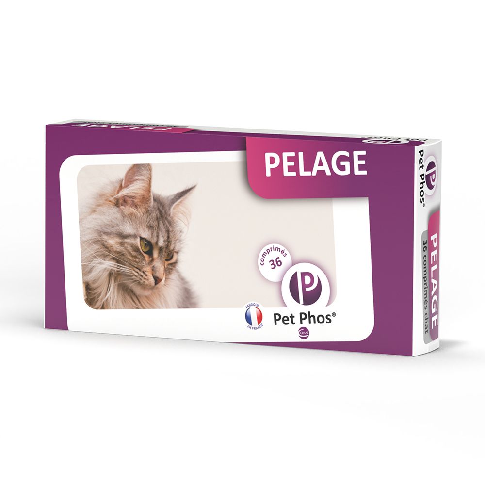 Verpackung von PET - phos pelage chat. Lila-weiße Schachtel mit Katze, Text: PELAGE, 36 Tabletten, Pet Phos.