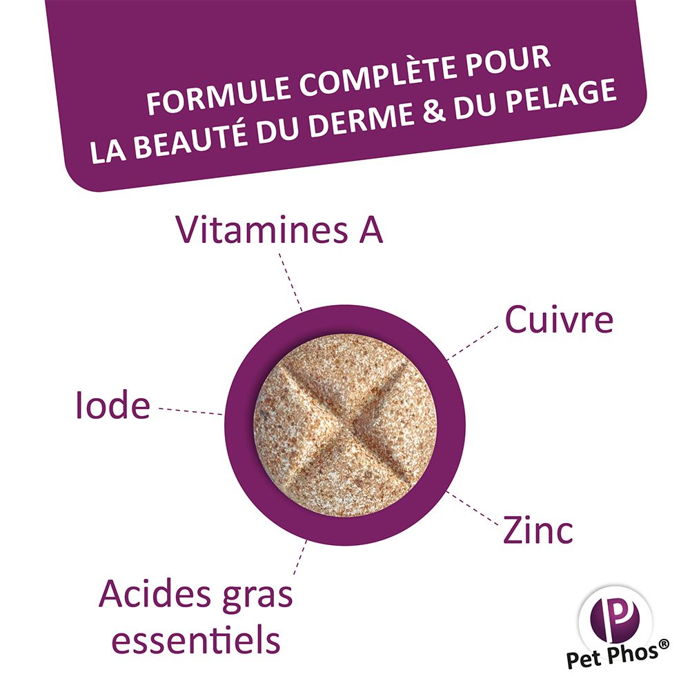 Tablette mit Text: Vitamine A, Jod, essentielle Fettsäuren, Kupfer, Zink. Logo Pet Phos.