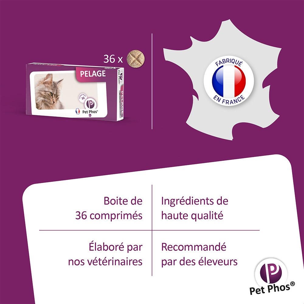 Schachtel mit 36 Tabletten, Katze, Text: PELAGE, Pet Phos. Hergestellt in Frankreich.