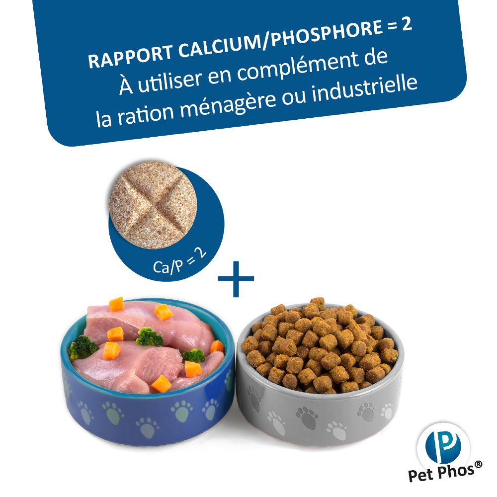 Deux gamelles avec nourriture. Texte : « Rapport Calcium/Phosphore = 2 ». Marque Pet Phos.